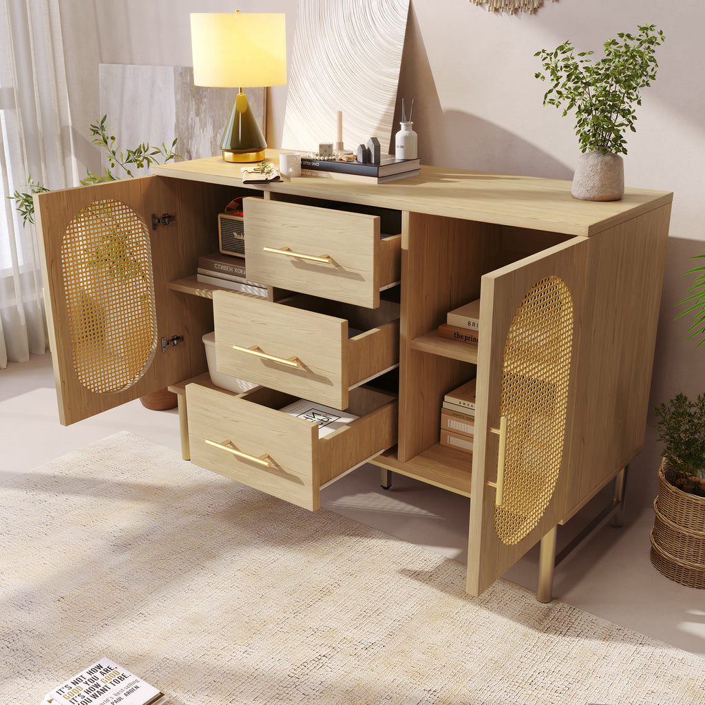 Rattan Sideboard Storage Cabinet  with 2 Doors 3 Drawers, Storage Cabinet for Living Room, Bedroom, and Hallway, Metal Handles, Adjustable Shelves, Anti-Tip, 120 x 40 x 74 cm, Oak