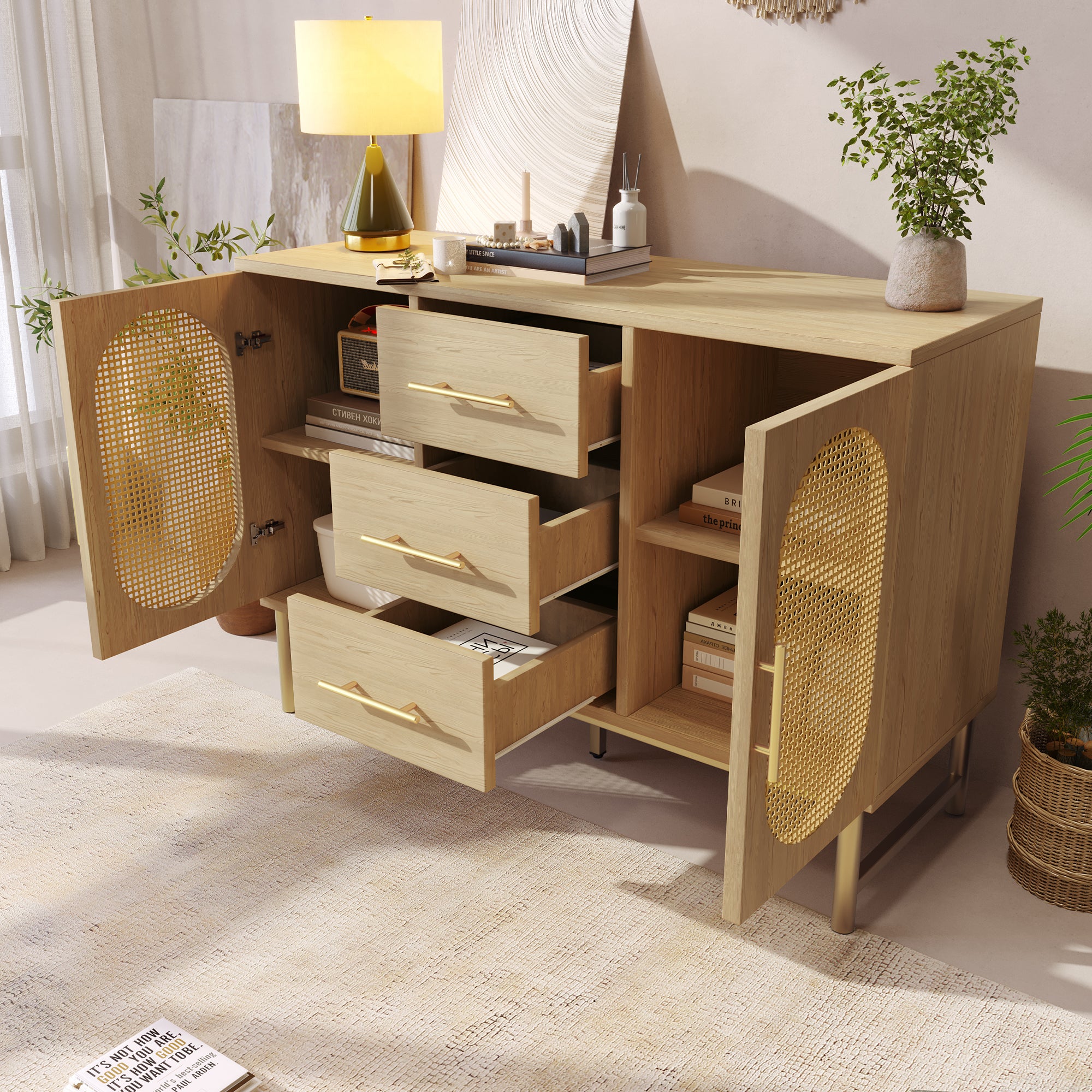 Rattan Sideboard Storage Cabinet  with 2 Doors 3 Drawers, Storage Cabinet for Living Room, Bedroom, and Hallway, Metal Handles, Adjustable Shelves, Anti-Tip, 120 x 40 x 74 cm, Oak