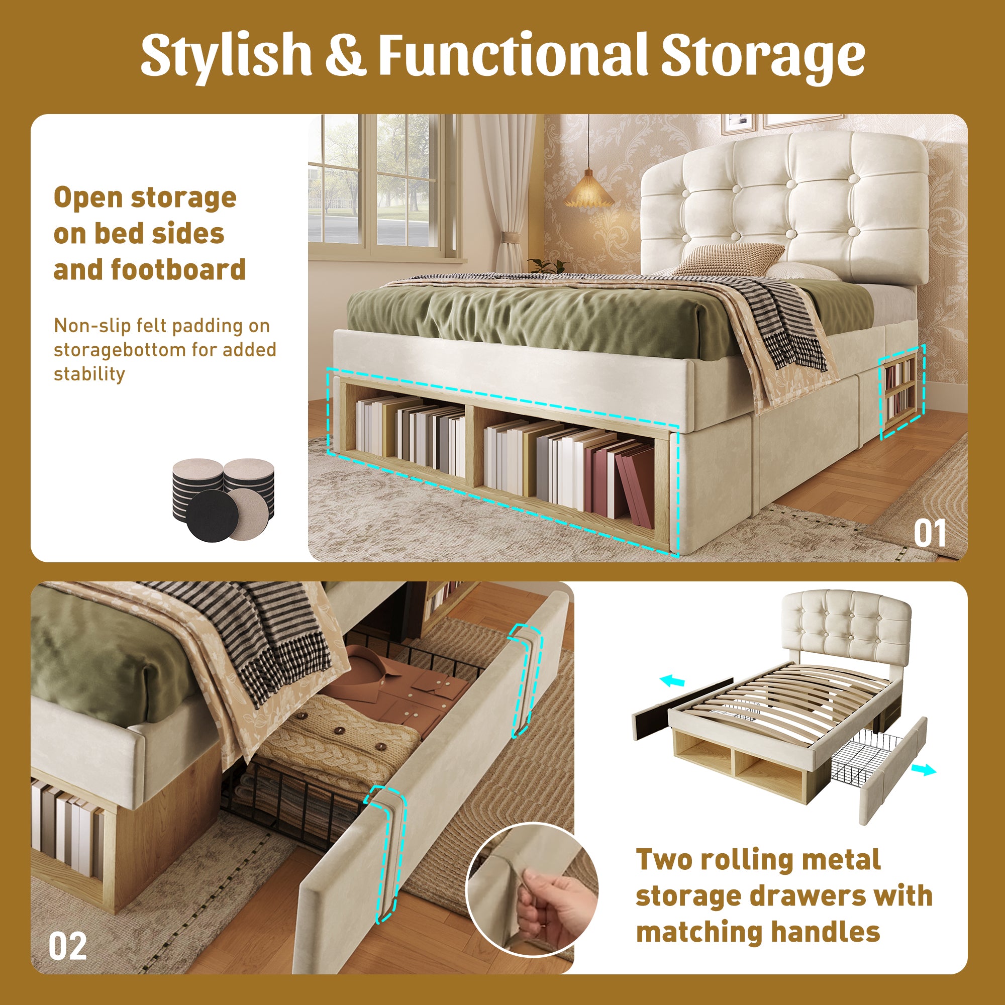 Upholstered Single Bed with Storage Compartments and Drawers, 3ft Single Bed with Adjustable Headboard, 90 x 190 cm, Velvet, Beige (No Mattress)