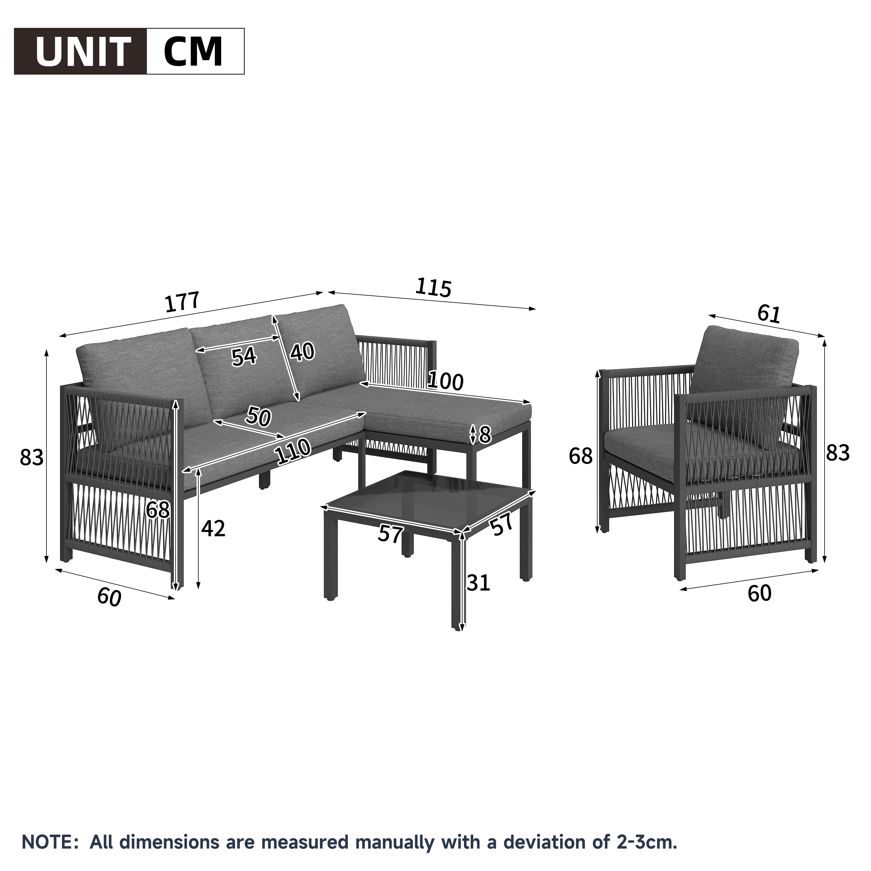 Garden Set with Tempered Glass Coffee Table, Convertible 4-5 Seater Polyester Rope Patio Set with Lounge Sofa and Armchairs, Weatherproof Outdoor Patio Corner Sofas for Balcony and Terrace, Grey