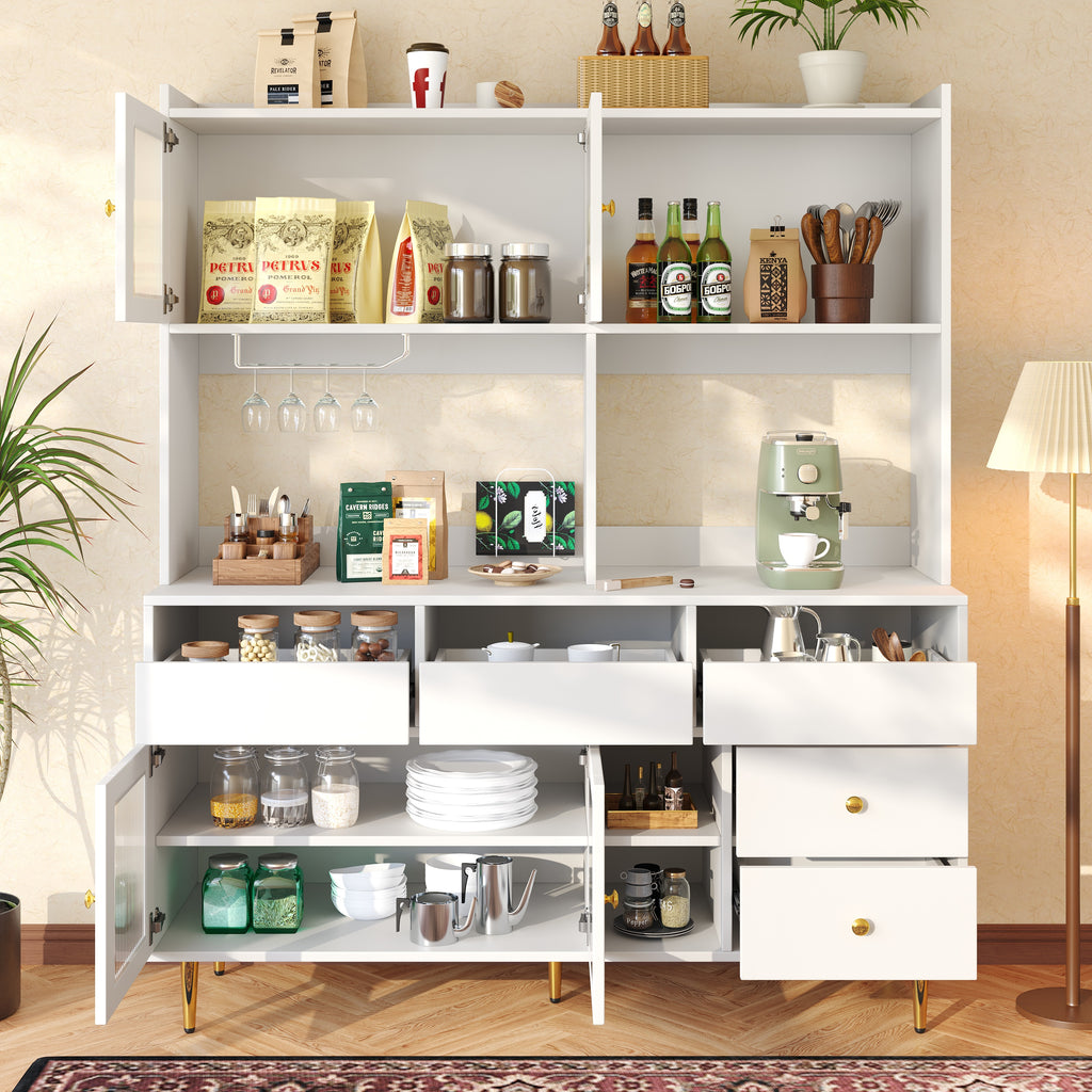Multi-purpose Storage Cabinet(145 x 39 x 171 cm), Modern design, with Changhong glass door, Wine glass holder, Multi-layered storage space, White with gold decoration, Suitable for home and restaurant