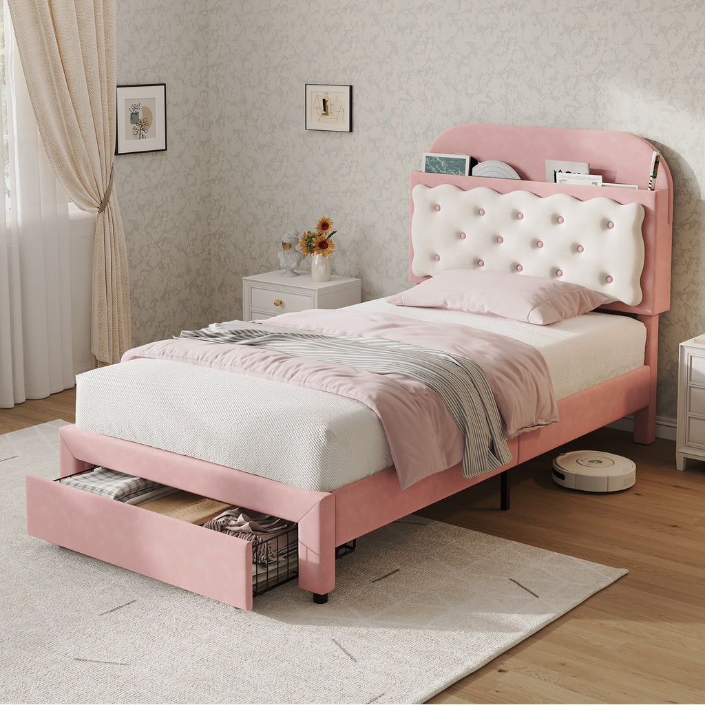 3ft Single Velvet Upholstered Bed Frame, Adjustable Cookie Shaped Storage Headboard with Storage Drawer at Bed End, No Box Spring Needed, Easy Assembly, Pink+ Cream White (No Mattress)