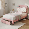 3ft Single Velvet Upholstered Bed Frame, Adjustable Cookie Shaped Storage Headboard with Storage Drawer at Bed End, No Box Spring Needed, Easy Assembly, Pink+ Cream White (No Mattress)