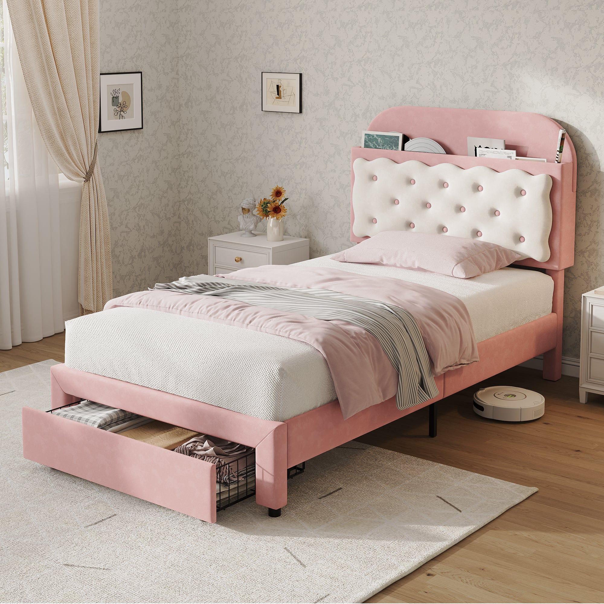 3ft Single Velvet Upholstered Bed Frame, Adjustable Cookie Shaped Storage Headboard with Storage Drawer at Bed End, No Box Spring Needed, Easy Assembly, Pink+ Cream White (No Mattress)