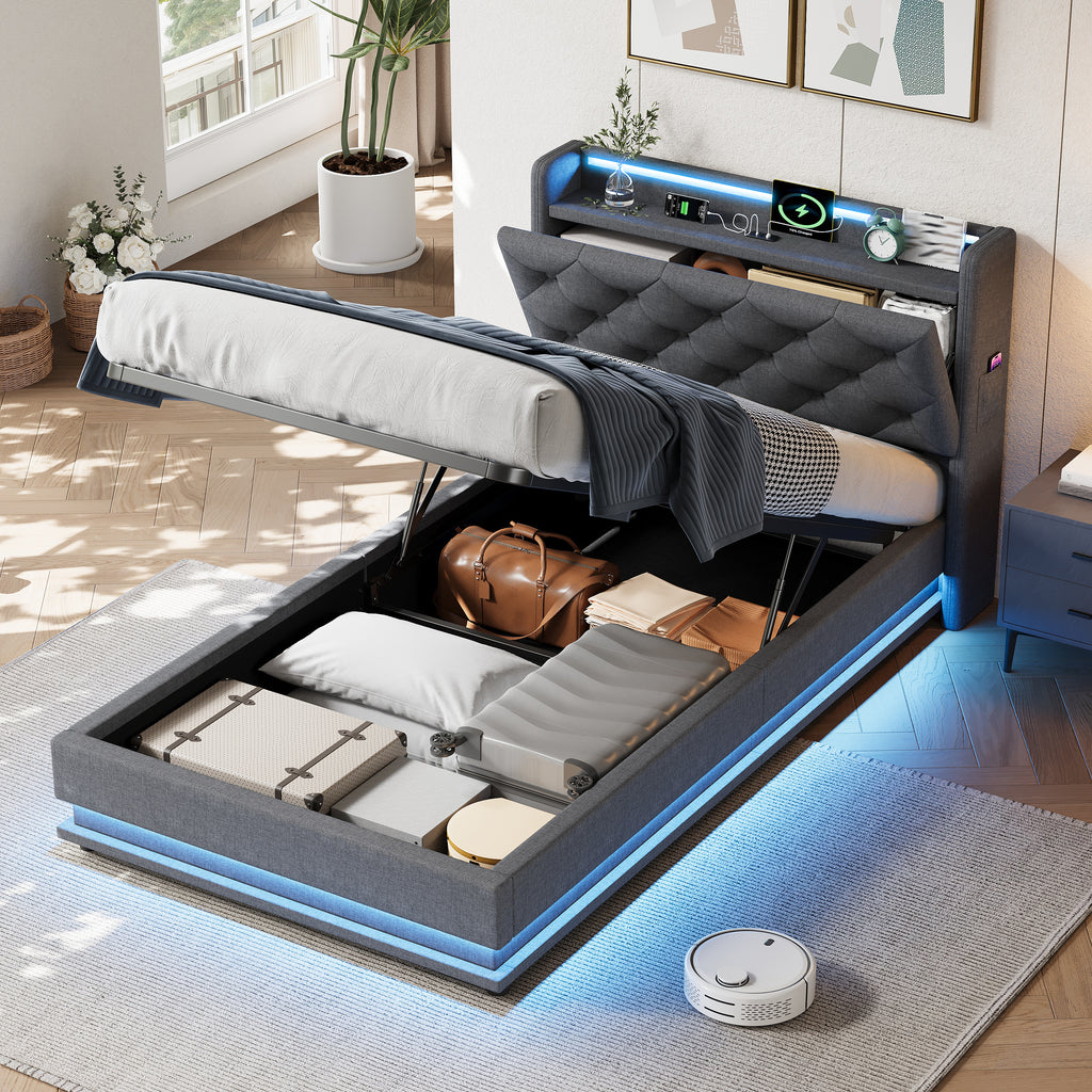 3ft Single Upholstered Bed Frame with Hydraulic Storage, LED Button Tufted Headboard with Charging Station and Concealed Headboard Storage, USB and Type-C Ports, Linen, Grey (No Mattress)