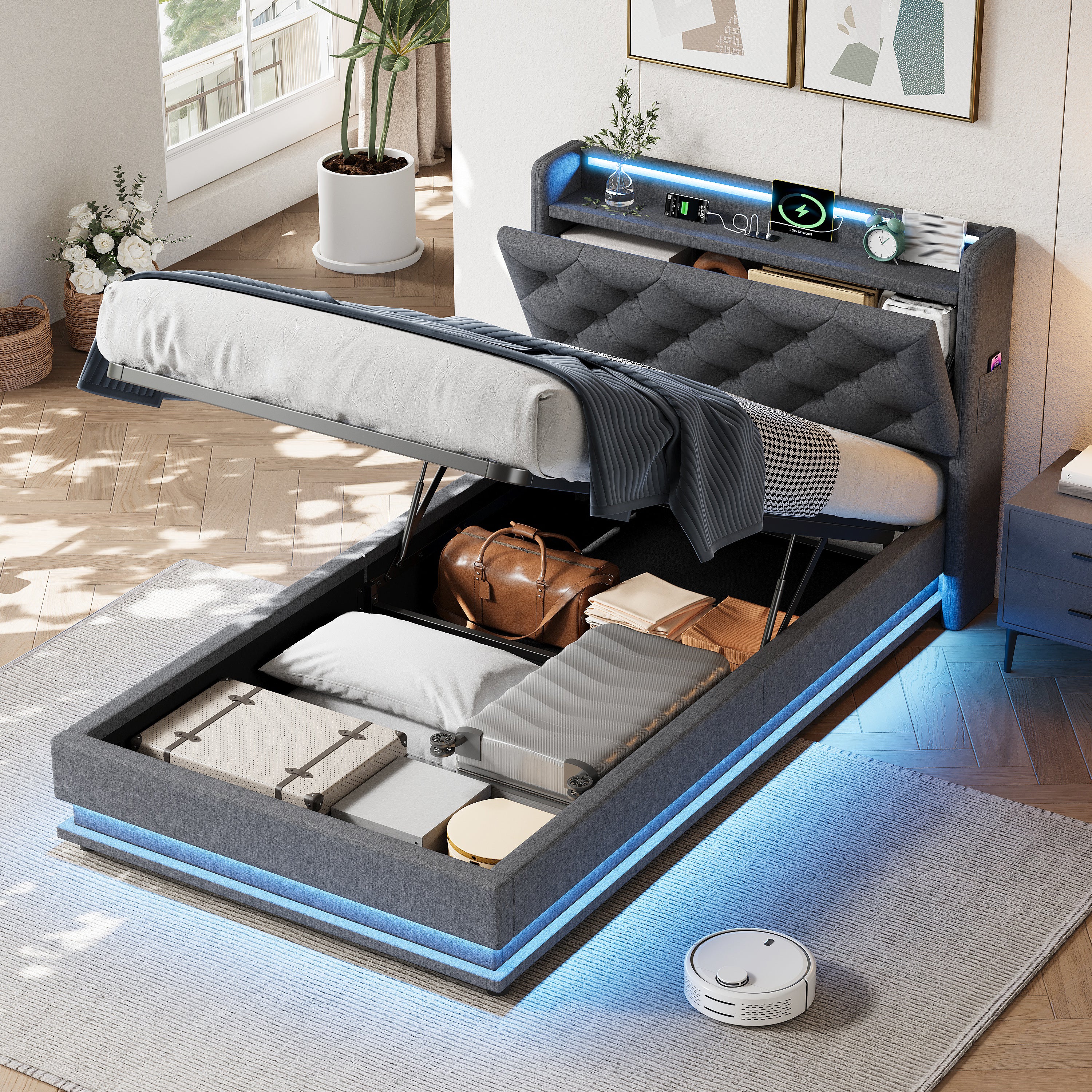 3ft Single Upholstered Bed Frame with Hydraulic Storage, LED Button Tufted Headboard with Charging Station and Concealed Headboard Storage, USB and Type-C Ports, Linen, Grey (No Mattress)