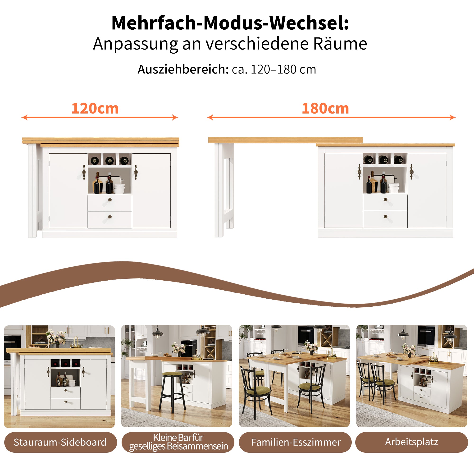 High-quality extendable bar table with 360° swivel function and storage space, adjustable length from 120-180 cm, living room, dining room, home office, black extendable designer bar table, white