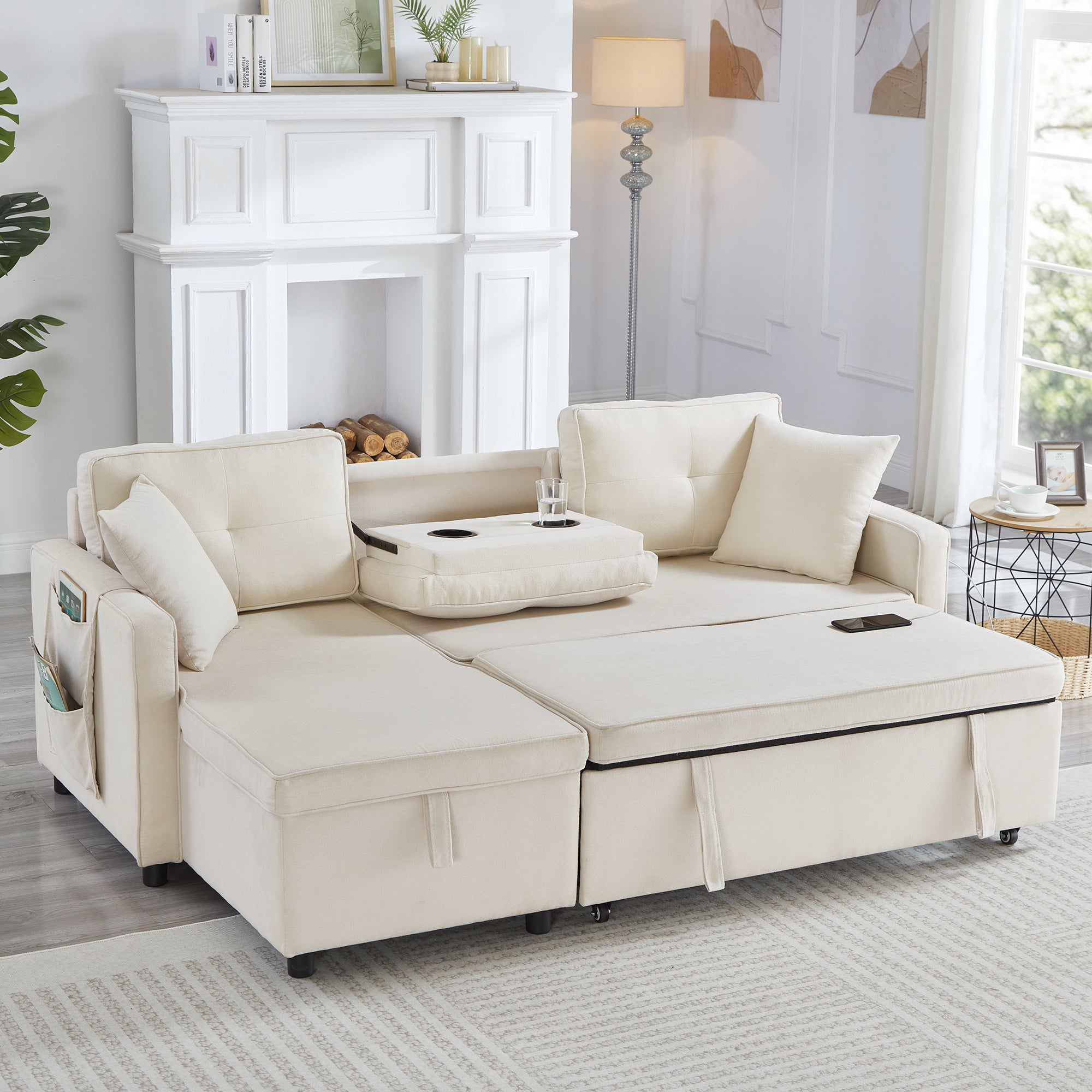L-Shaped Pull Out Sleep Sofabed, Modern Reversible Sleeper Sectional Sofa, 3 in 1 Convertible Sofa Bed with Storage Chaise, Drop-Down Table, Cup Holders and Charging Ports (USB & Type-C), Beige