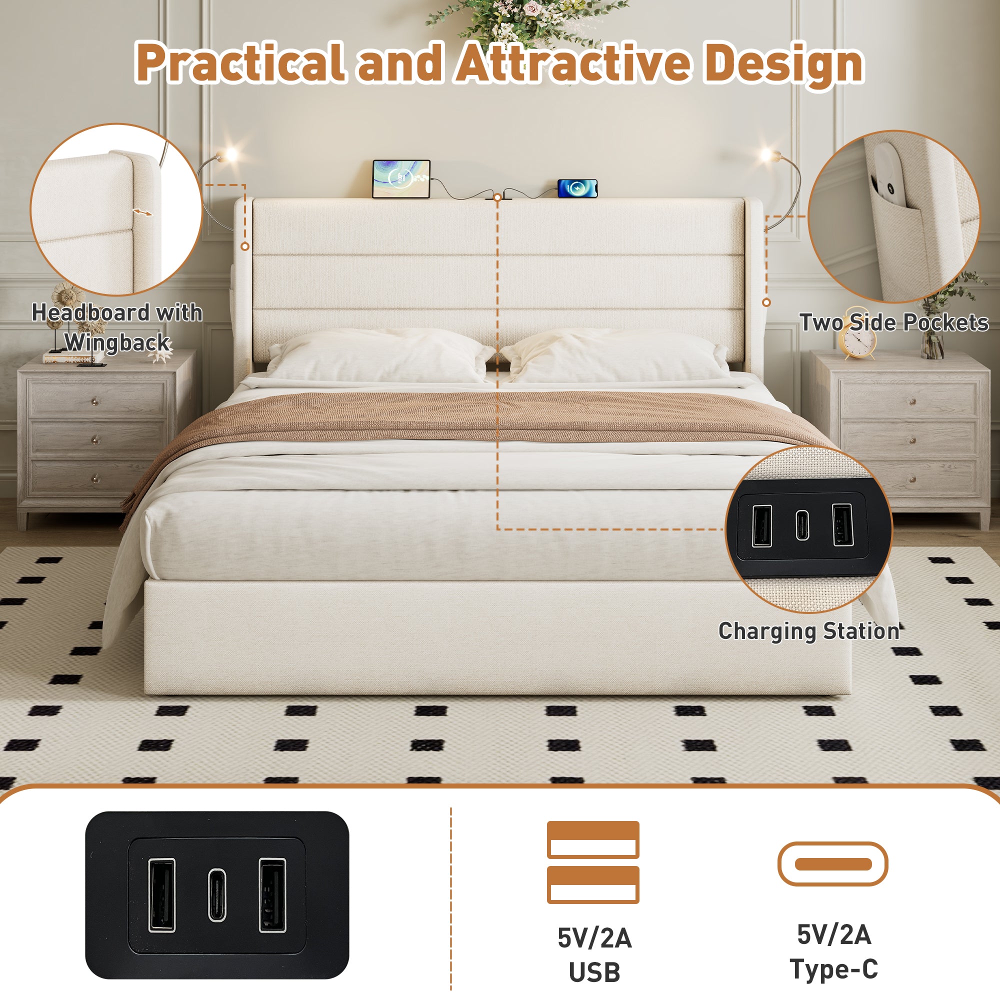 Double Upholstered Bed with Charging Station, Linen Hydraulic Storage Bed with Adjustable LED Reading Light, 4ft6 Double Bed Frame with USB and Type - C Ports, No Box Spring Needed, Beige(No Mattress)