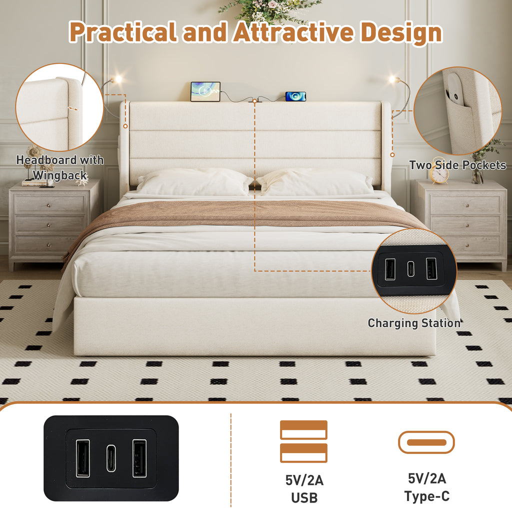 King Upholstered Bed with Charging Station, Linen Hydraulic Storage Bed with Adjustable LED Reading Light, 5ft King Bed Frame with USB and Type - C Ports, No Box Spring Needed, Beige (No Mattress)