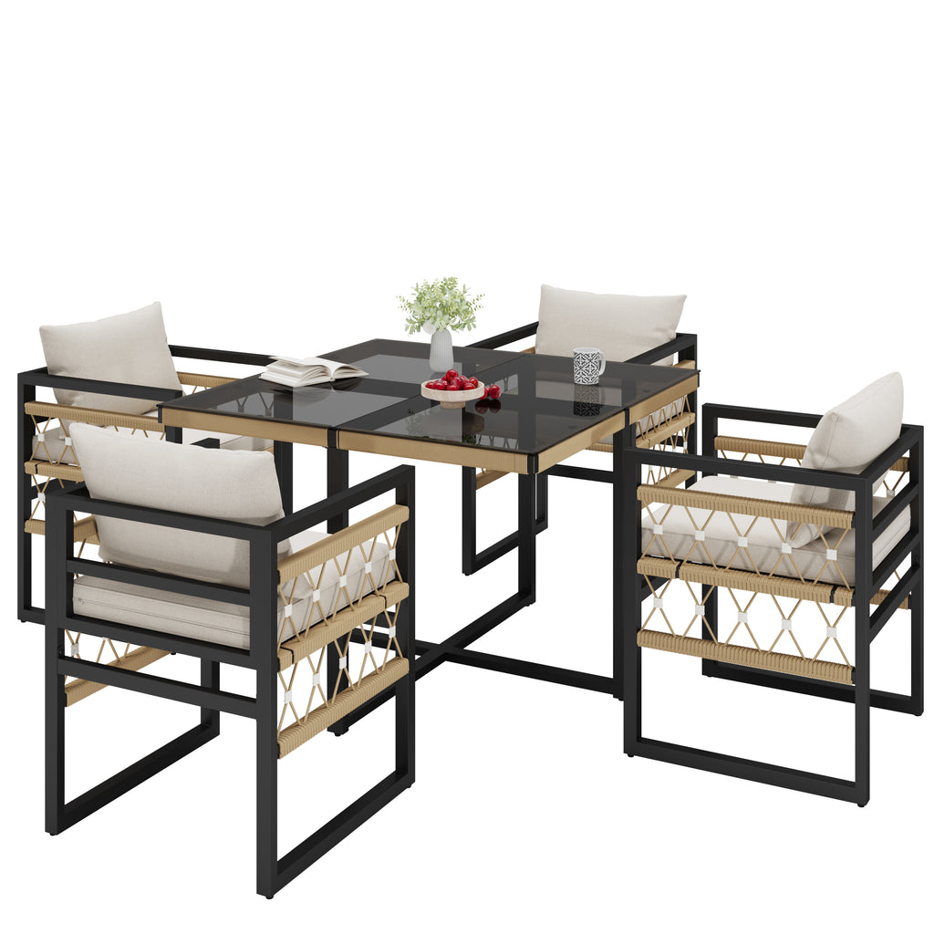 Hand-Woven Garden Sofa Set for 4 People / Made of Sturdy Iron with 4 Beige Cushions / Incl. 1 Safety Glass Table & 4 Armchairs / Weather-Resistant Patio Furniture