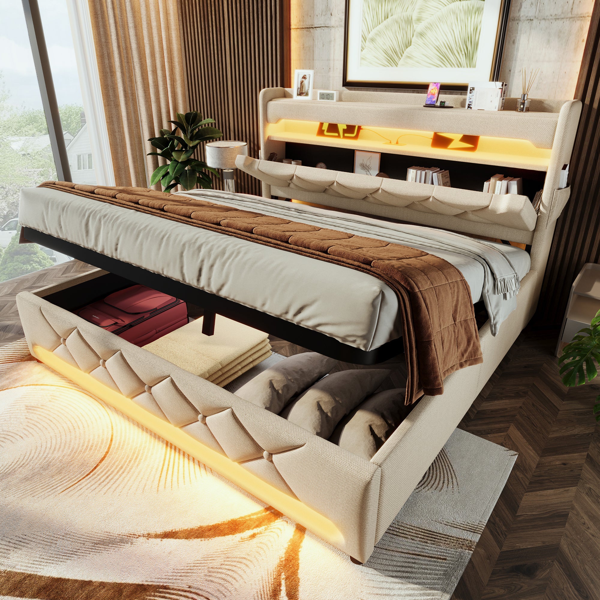 Upholstered Bed 135 x 190 cm with LED Lighting, USB Type-C Charging, Storage Headboard for Cellphones and Tablets, 4ft6 Hydraulic Storage Bed with Metal Slatted Frame, Linen, Beige (No Mattress)