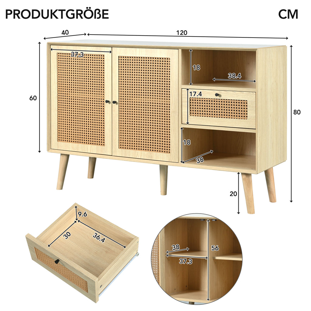 Modern simple sideboard 120*40*80cm, light-colored wooden woven door design, with drawers and unique legs, creating a warm and comfortable home atmosphere