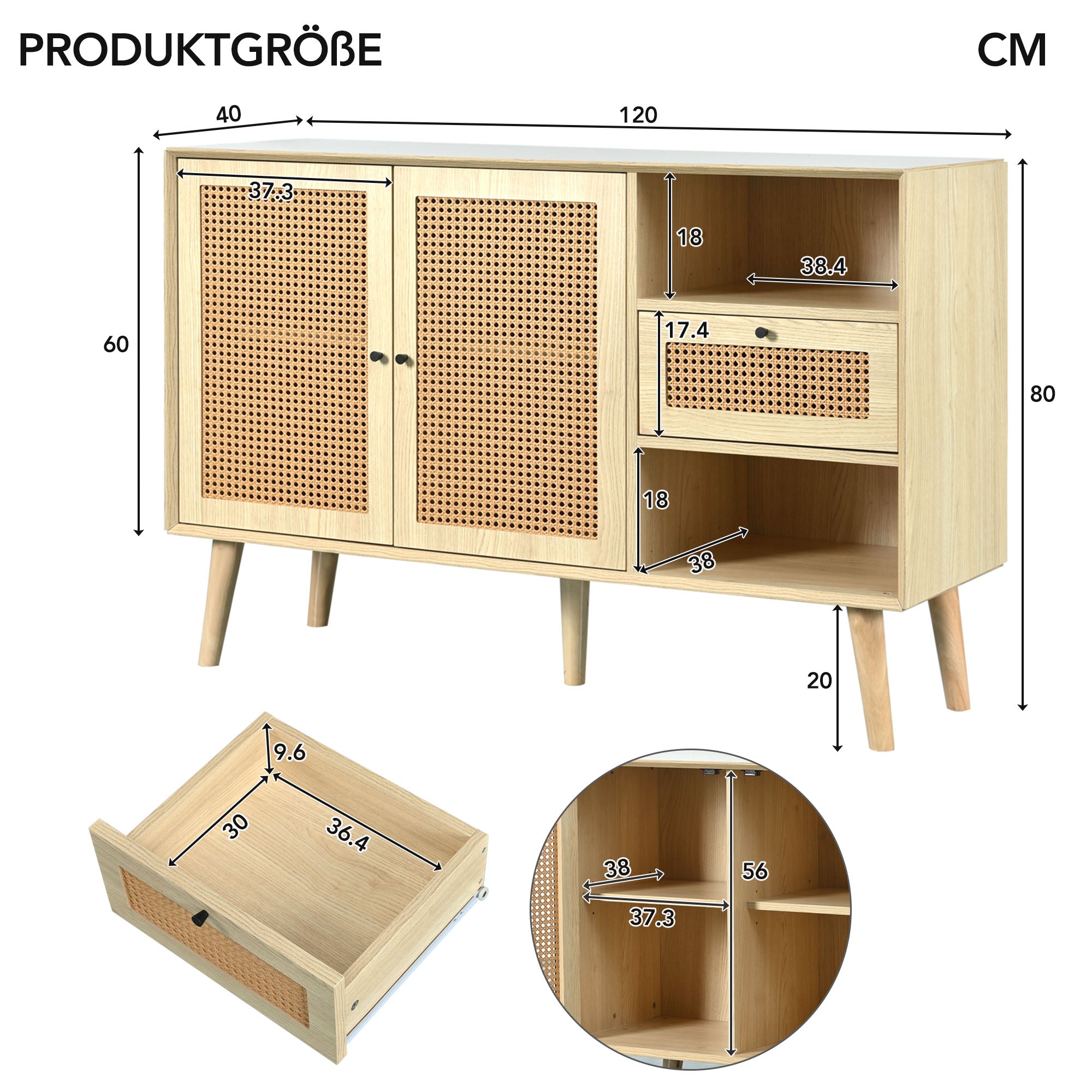 Modern simple sideboard 120*40*80cm, light-colored wooden woven door design, with drawers and unique legs, creating a warm and comfortable home atmosphere