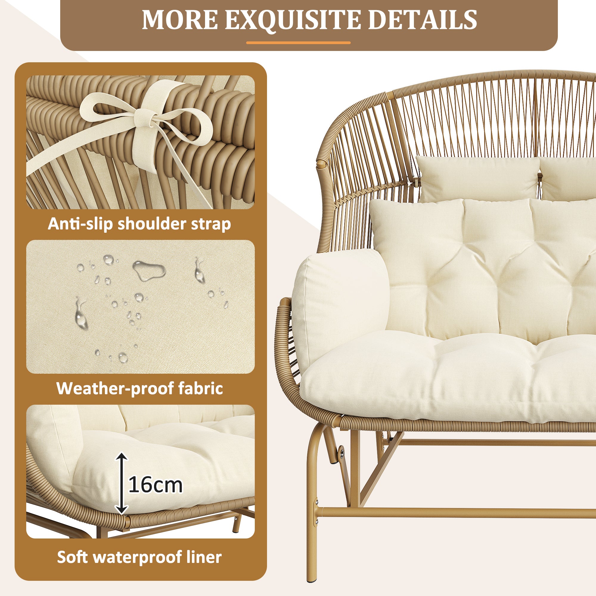Garden Rocking Chair for Two, Patio Hanging Chair, Outdoor Swing Egg Chair, Rocking Chair, Garden Swing, Porch Swing for the Garden, Balcony, or Terrace, Beige