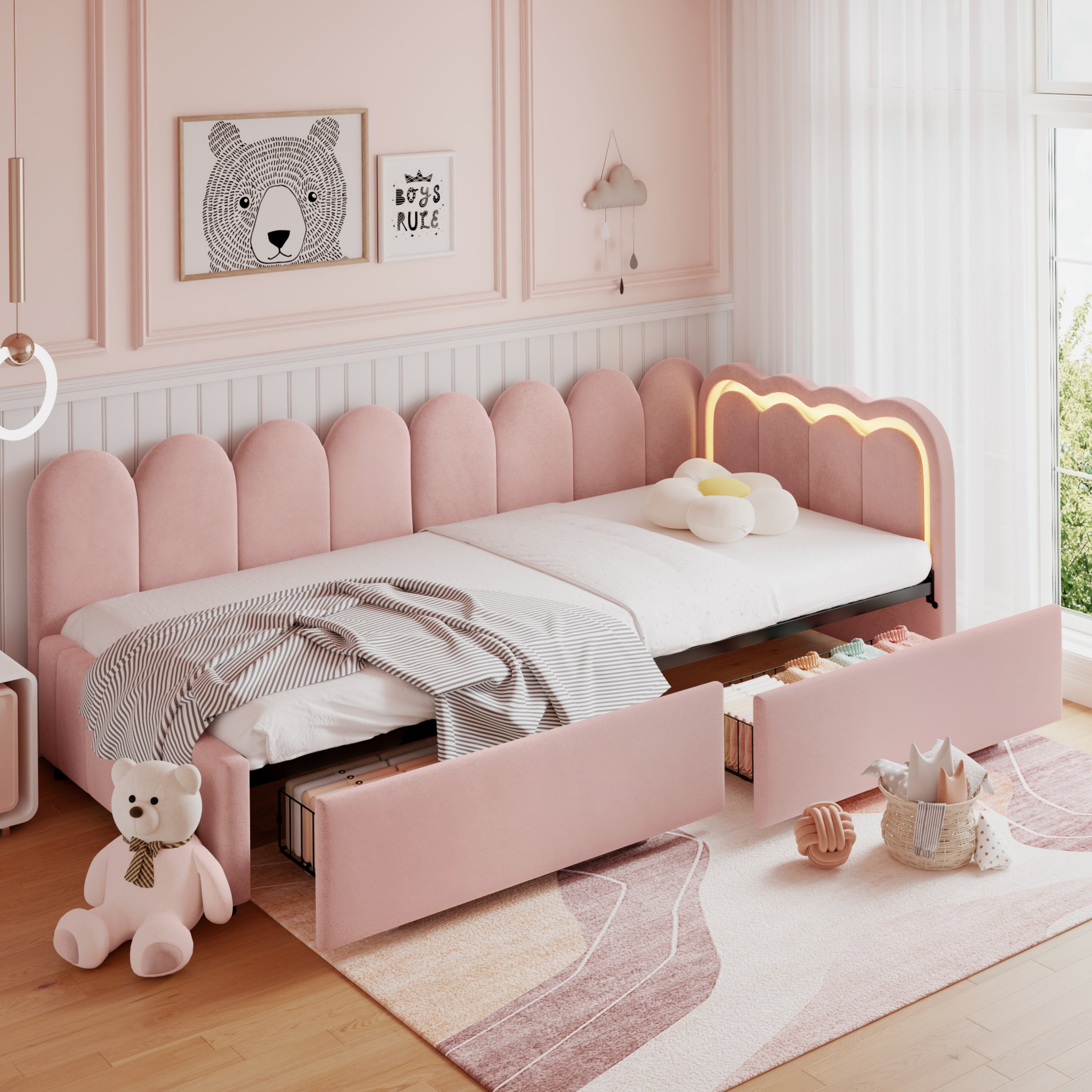 3ft Single Daybed with Smart RGB LED Lights and 2 Storage Drawers, Modern Velvet Youth Bed with Scalloped Backrest and Wooden Slats, Reversible Side Panel, Easy Assembly, Pink (No Mattress)