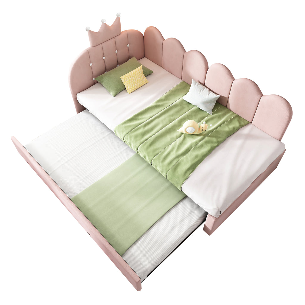 Upholstered Daybed with Pull-Out Bed, Crown-shaped Trundle Bed, 3FT Single Sofa Bed 90 x 190 cm, Guest Beds for Adults & Children, Bed with Metal Slatted Frame, Velvet, Pink (No Mattress)