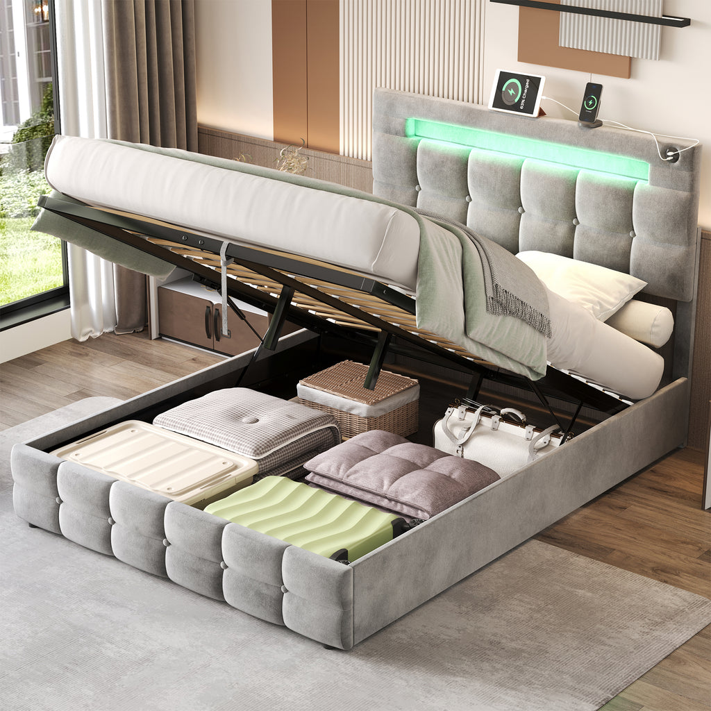 4ft6 Double Upholstered Bed Frame with Hydraulic Storage, Velvet Ottoman Bed with LED Lighting and Charging Station,  Double Bed with Adjustable Button Tufted Headboard, Grey (No Mattress)