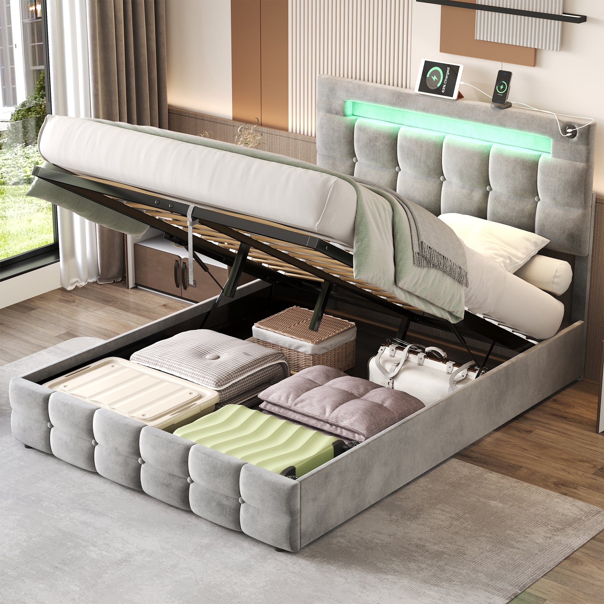 4ft6 Double Upholstered Bed Frame with Hydraulic Storage, Velvet Ottoman Bed with LED Lighting and Charging Station,  Double Bed with Adjustable Button Tufted Headboard, Grey (No Mattress)