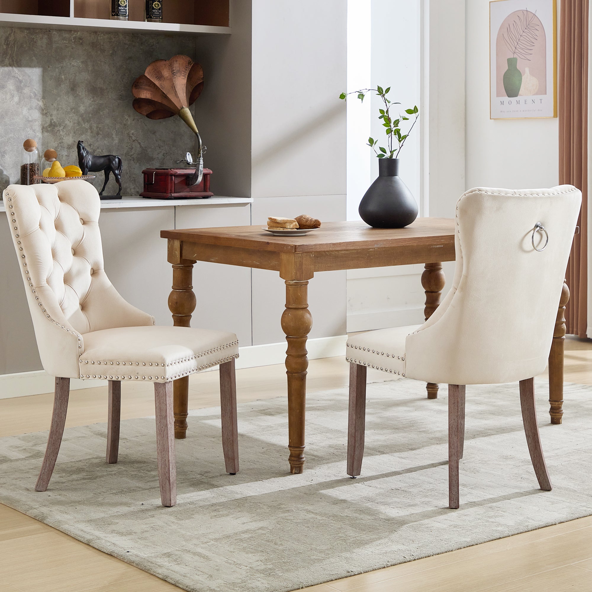 Modern Set of 2 Upholstered Velvet Dining Chairs, Button Tufted Kitchen Lounge Chairs with Brushed Wood Legs, Riveted Trim and Knocker Ring, for Dining Room Living Room, Beige