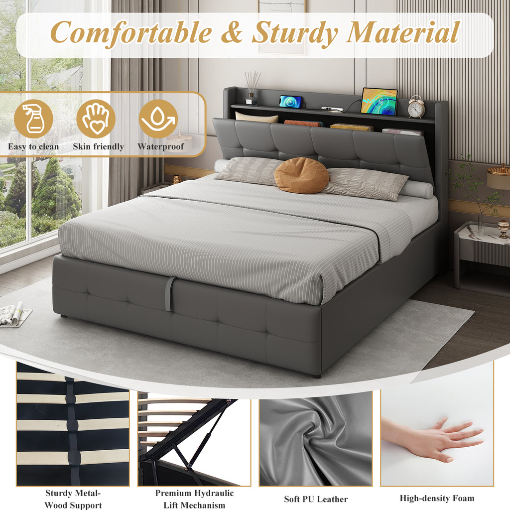 5ft King Upholstered Bed Frame with Hydraulic Storage, PU Leather Ottoman Bed with Concealed Headboard Storage, Double Bed with Charging Station and LED Night Light,  Grey (No Mattress)