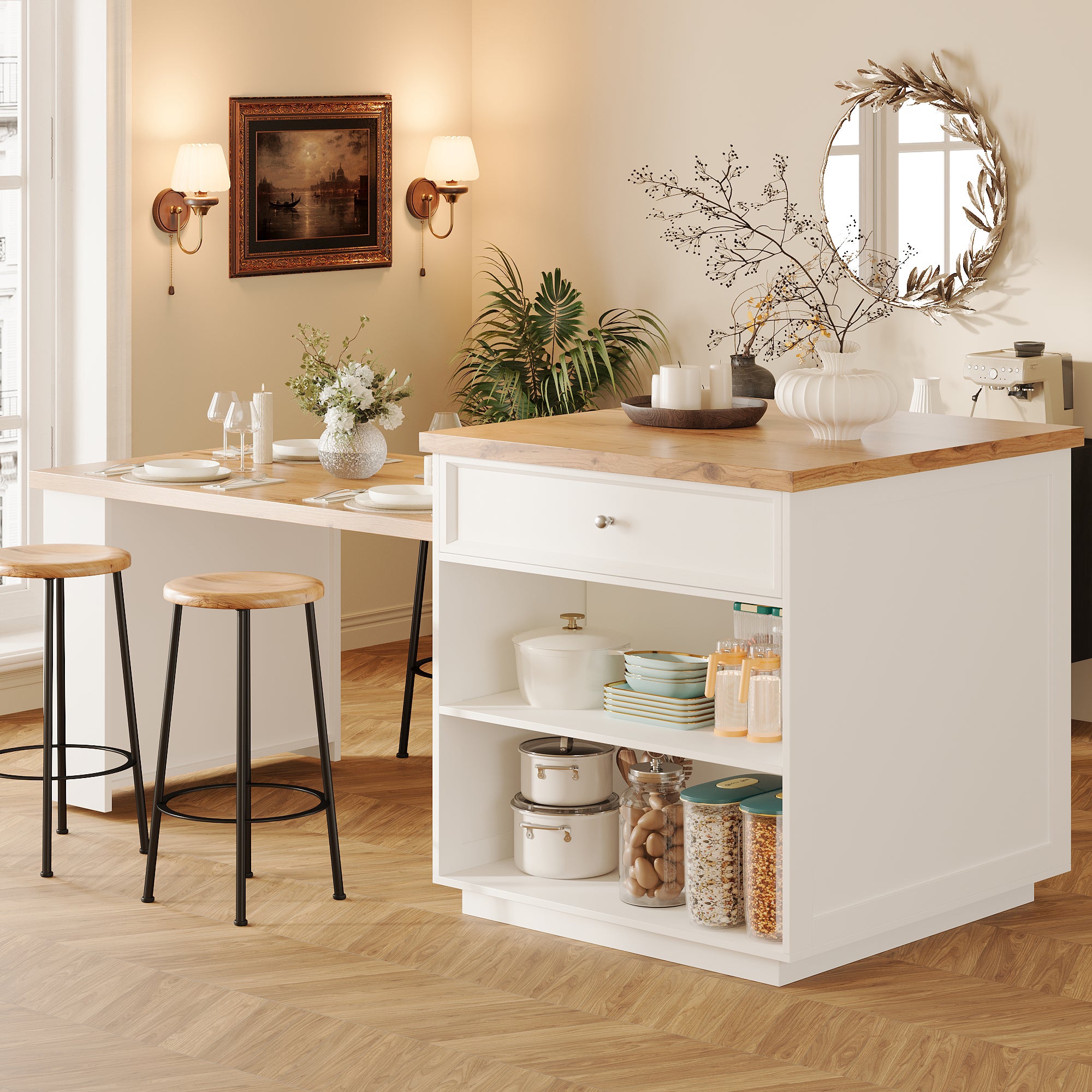 Extendable kitchen island (120-184 cm) with drawers and casters, mobile kitchen island with wood-look tabletop, versatile counter island for kitchen, dining room & bar counter, white/black
