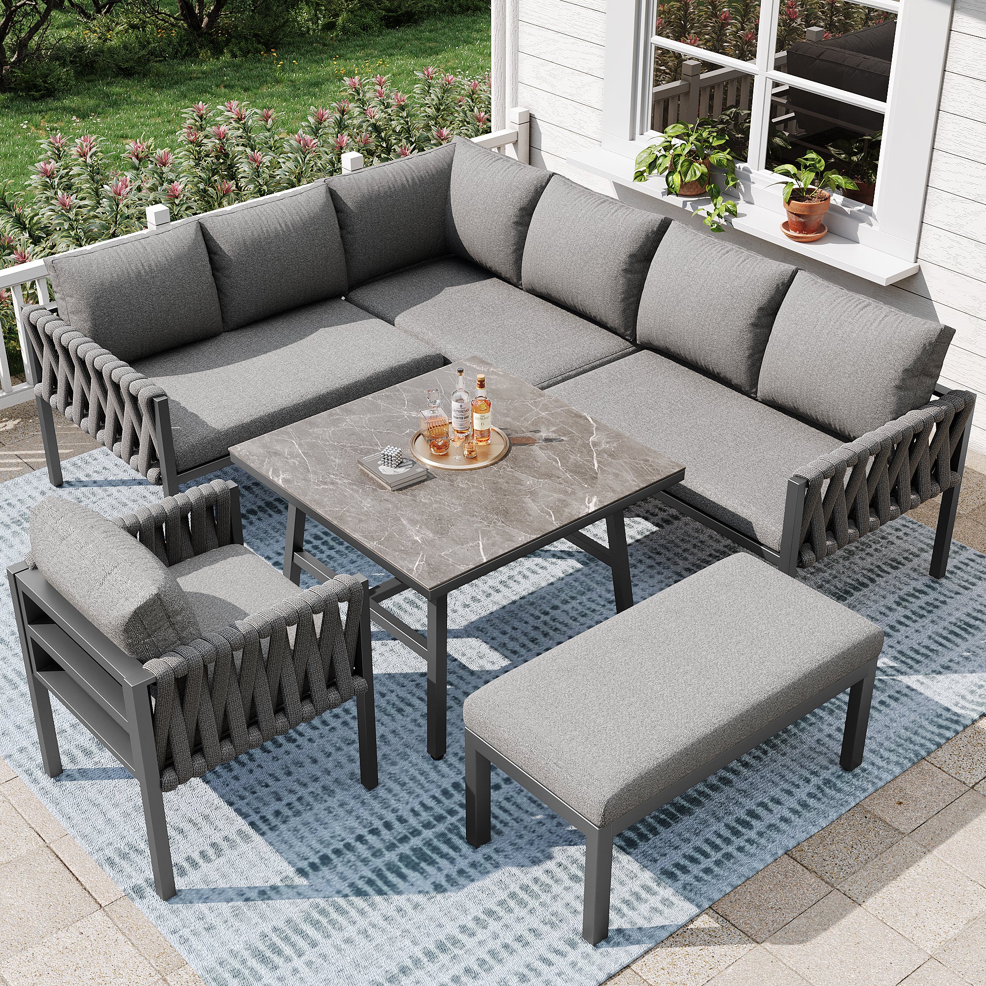 Garden furniture set, rope-weave outdoor sofa set with galvanized steel frame, adjustable legs, L-shaped sofa, tempered glass table top, includes all seat and back cushions, grey