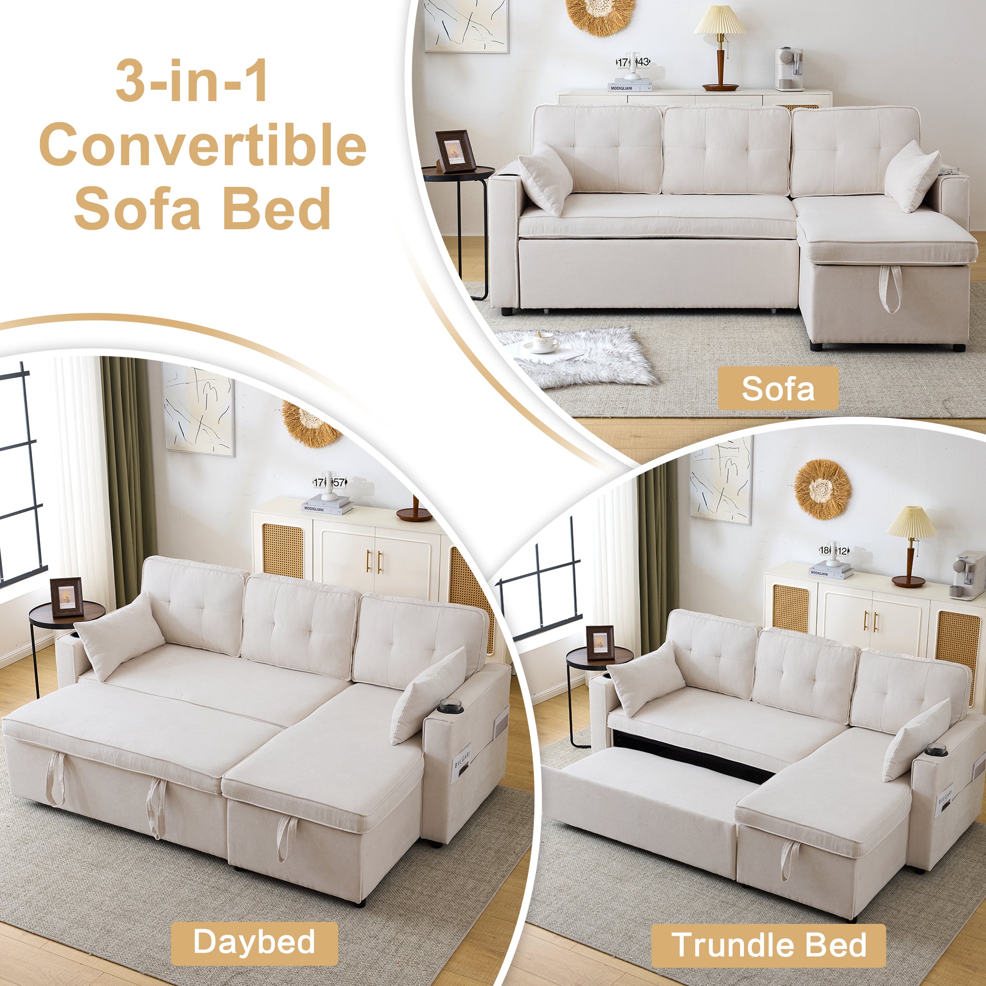 3-in-1 Convertible Sofa Bed with Internal Storage Chaise, L Shaped Sleeper Sofa Couches with Cup Holders, Pillows and Storage Pocket. Pullout Sectional Daybed for Living Room/Bedroom/Office, Beige