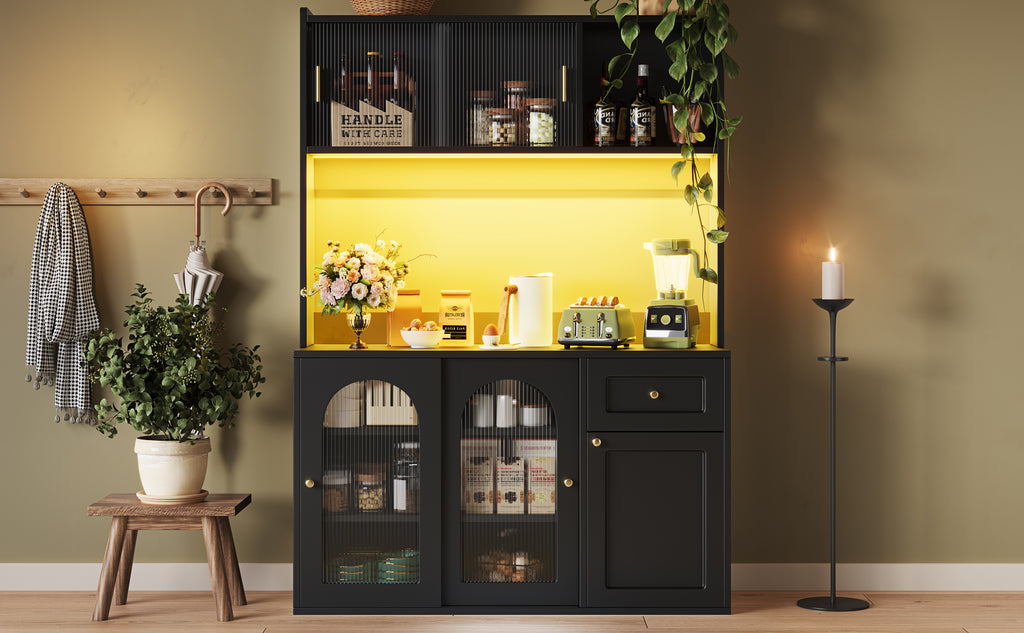 Kitchen Cabinet(120*35*167cm), Tall Cabinet, Display Cabinet, Buffet Cabinet with Adjustable Shelves, Dining Room Cabinet, Sideboard with LED Lighting, White/Black