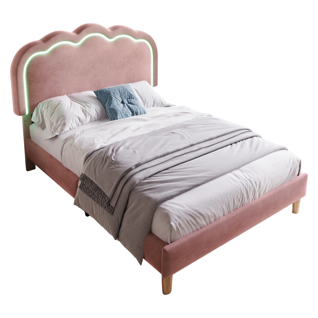 Upholstered Bed, 3ft 90x190cm Single Bed with LED, Bed Frame with Wooden Slats and Adjustable Height Headboard, Teen Bed for Bedroom and Guest Room, Pink, Velvet Material, Without Mattress.