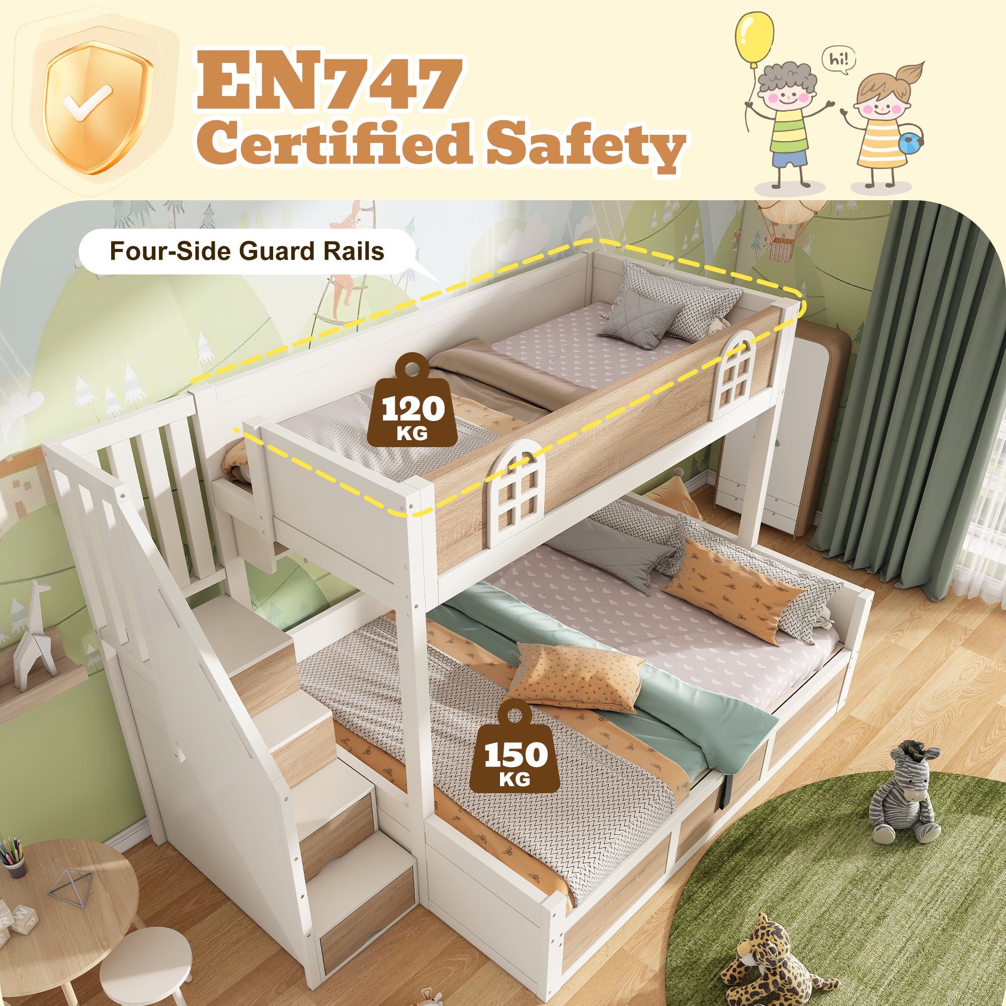 Bunk Beds for Kids, Staircase Bunk with Hydraulic Storage, Children's Bed with Storage Cube, Double Bunk Bed for Family with Multiple Children, (90+135) x 190 cm, Solid Wood, White & Natural