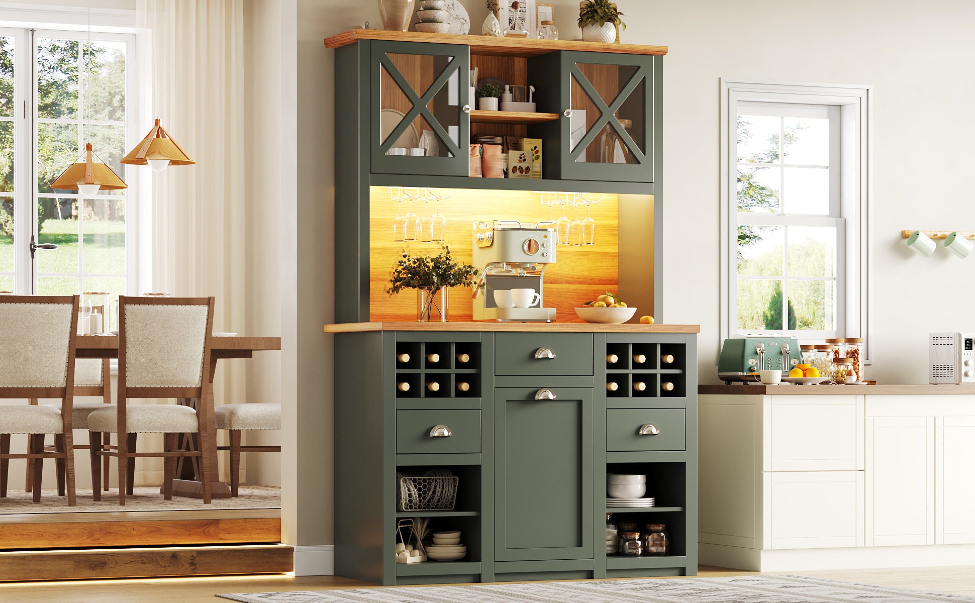 Kitchen cabinets (120 x 45 x 188 cm), tall kitchen cabinets, sideboards, kitchen cabinets with glass doors and LED lighting, side cabinet with wine rack, adjustable shelves, green