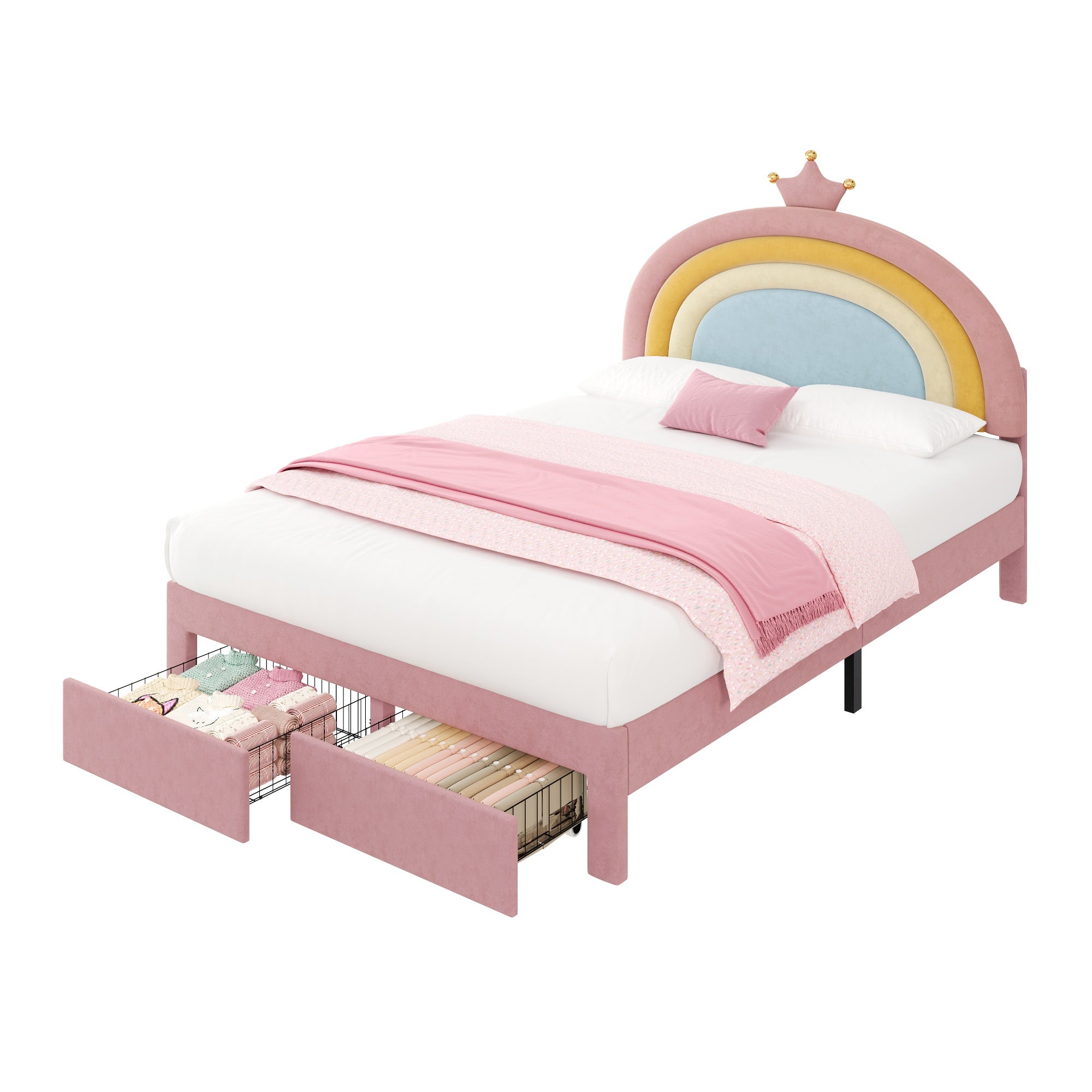 4ft6 Double Upholstered Bed with Adjustable Rainbow Headboard, Soft Velvet Bed Frame with Storage Drawer, Stylish Rainbow Headboard with Crown, No Box Spring Needed, Easy Assembly, Pink (No Mattress)