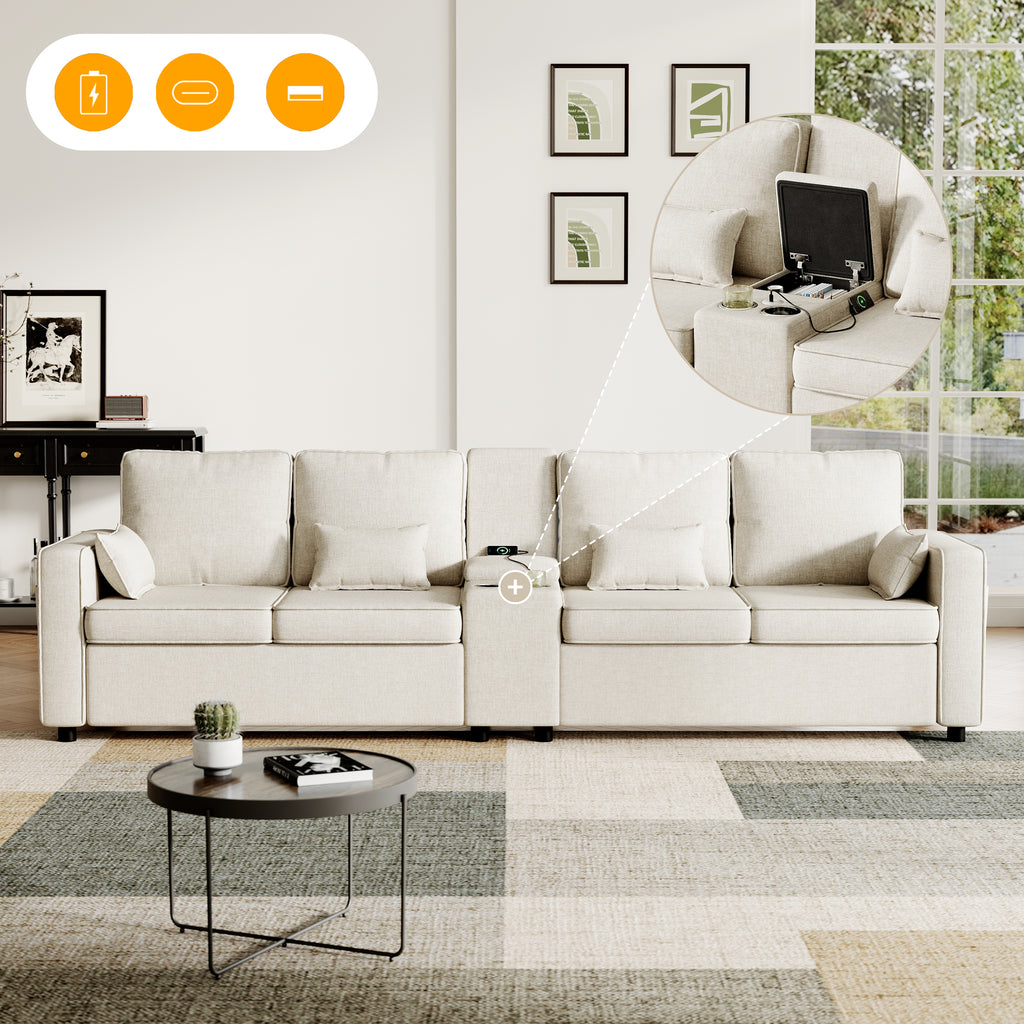 4-Seater Modern Sofa with Storage Console, Minimalist Style Couch with Side Pockets, Cup Holders and Charging Ports (USB & Type-C), for Living Room, Apartment, Office,Beige, Linen Fabric
