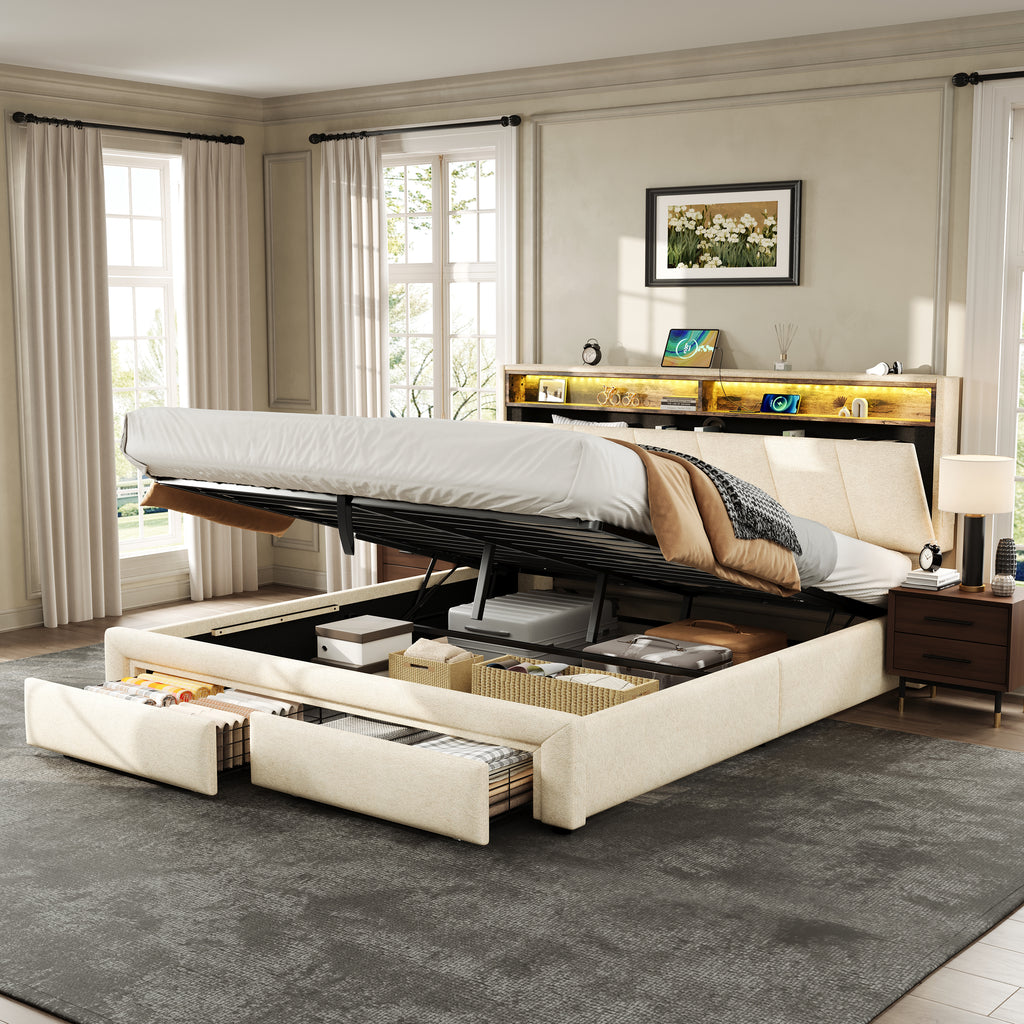 5ft King Upholstered Bed Frame with Hydraulic and Drawers Storage, LED Adjustable Headboard with Charging Station and Concealed Headboard Storage, Linen, No Box Spring Needed, Beige (No Mattress)