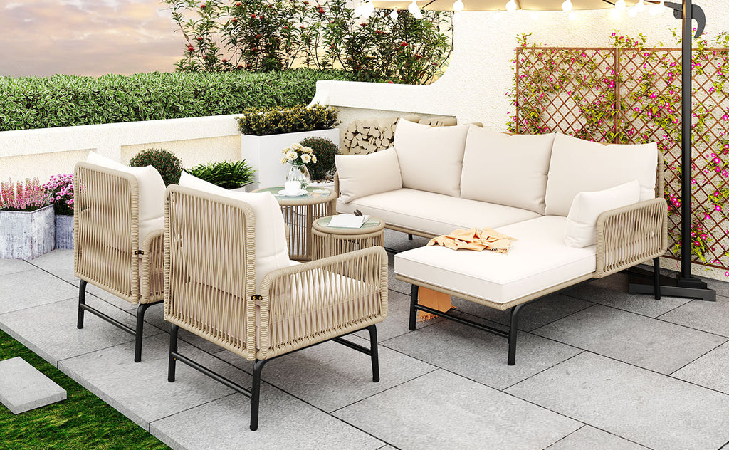 Garden lounge sofa set, outdoor furniture set, iron frame and beige rope weave, beige, two armchairs, two two-seater sofa and two round tables (all cushions included)