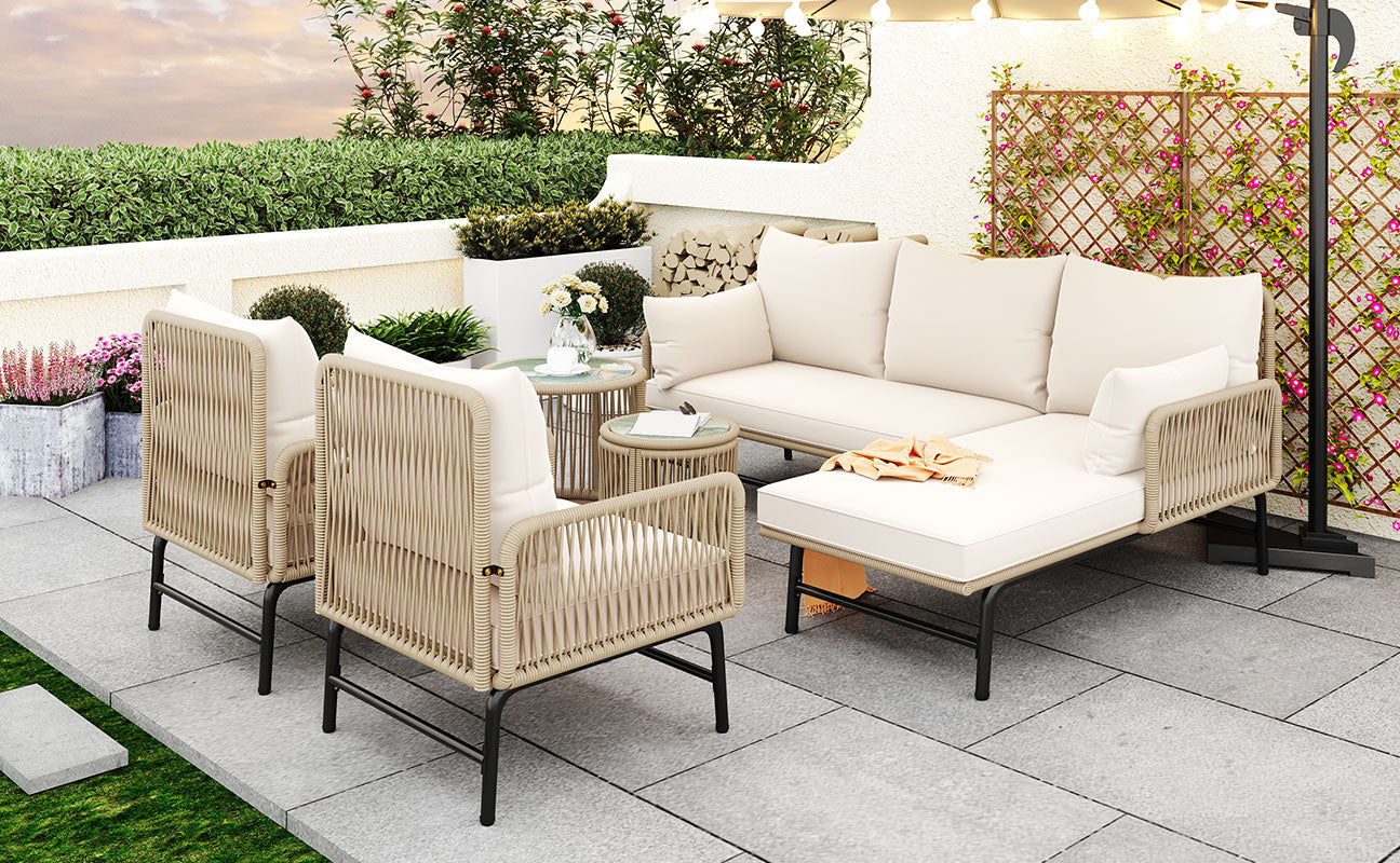 Garden lounge sofa set, outdoor furniture set, iron frame and beige rope weave, beige, two armchairs, two two-seater sofa and two round tables (all cushions included)
