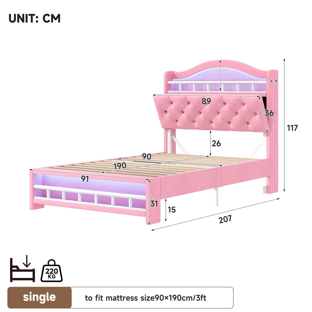 3ft Single Upholstered Velvet Bed Frame, LED Bed Frame with Charging Station & Diamond Tufted Headboard, Concealed Headboard Storage with USB and Type - C Ports, Easy Assembly, Pink (No Mattress)