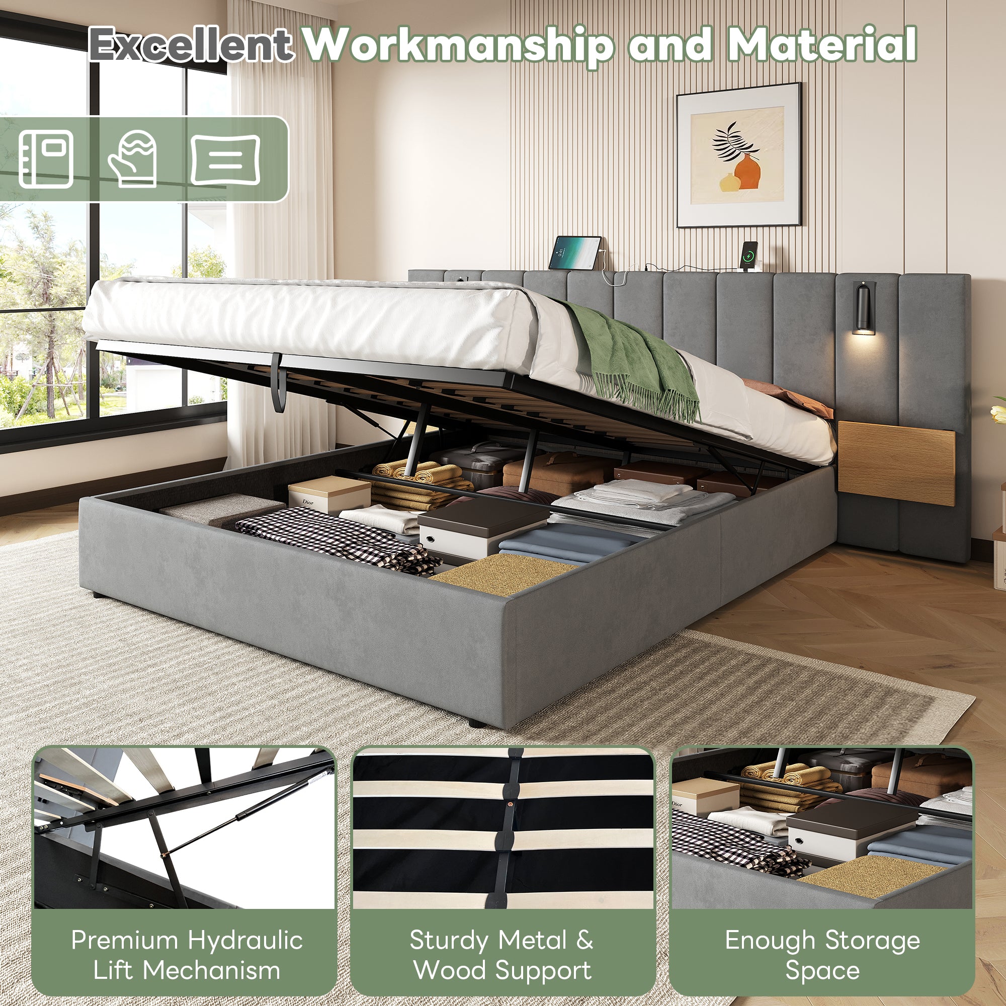 King Upholstered Bed with Charging Station, Velvet Hydraulic Storage Bed with Reading Light, 5ft King Bed Frame with Channel Tufted Headboard and Adjustable Bedside Shelf, Grey (No Mattress)