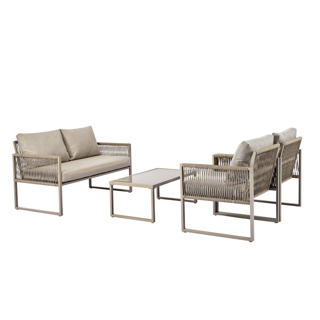Outdoor Patio&Backyard Furniture Garden Lounge Set for 4 people, Thick Quality Space Saving Sofa with Glass Coffee Table, Khaki