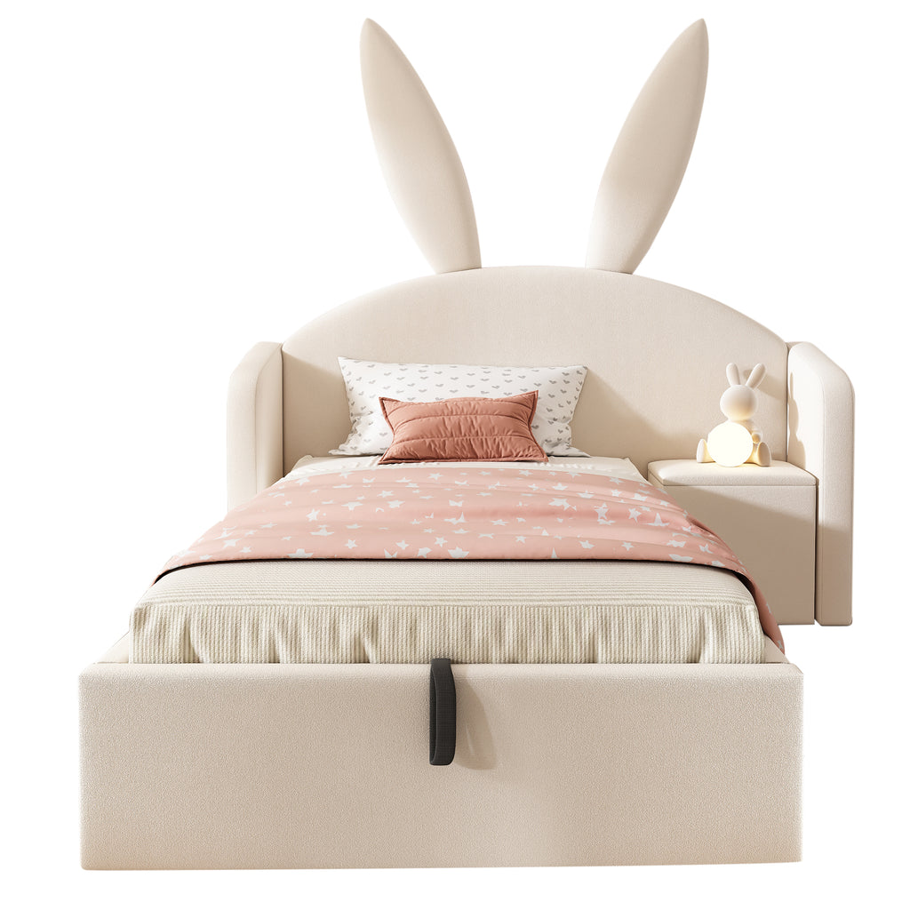Bunny Ears Kids Bed, Single Upholstered Bed with Hydraulic Storage & Nightstand, Children Bed Frame for Girls Bedroom, 90 x 190 cm, Beige, No Mattress