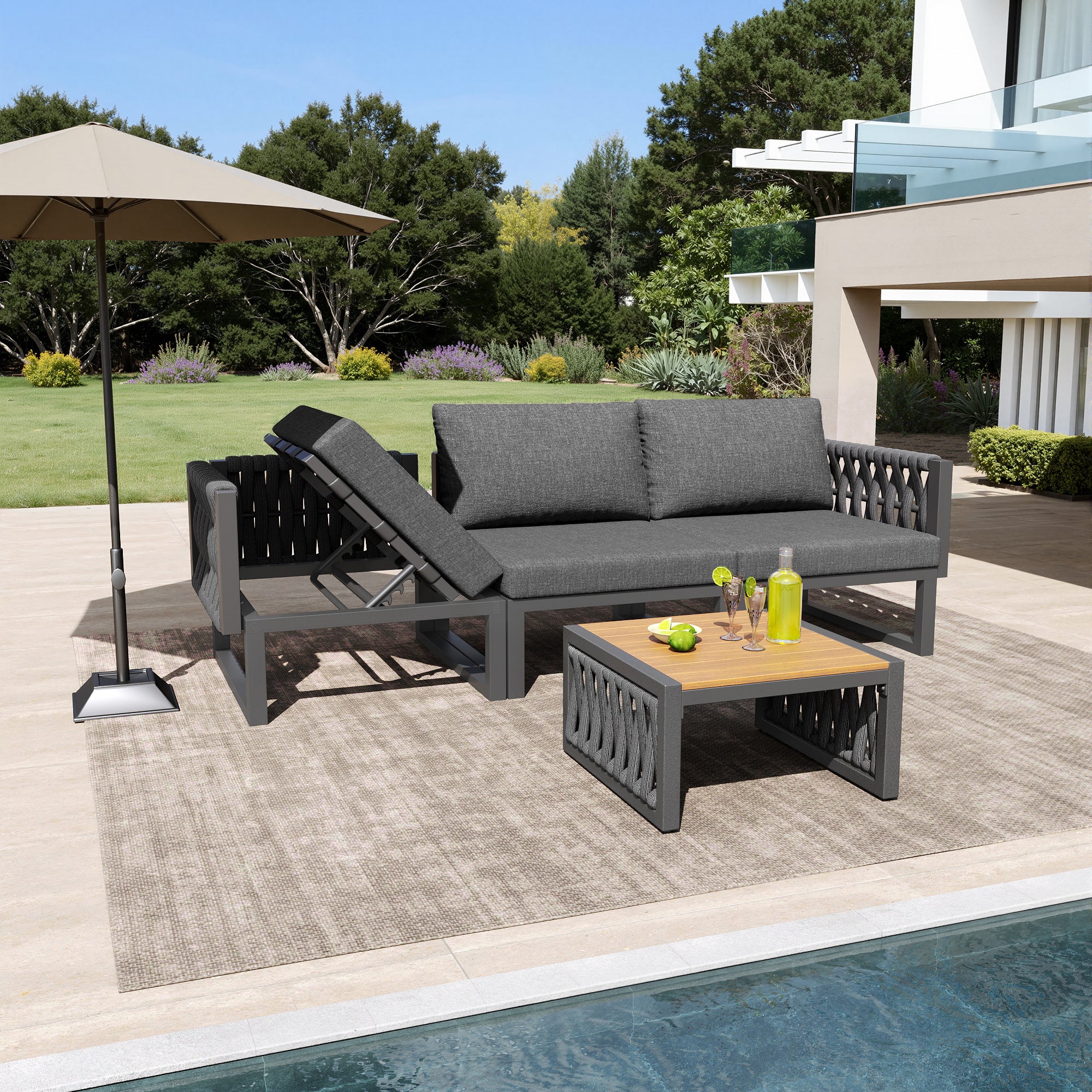 Garden Furniture Set with High-Quality Seat & Back Cushions, Garden Lounge Armchairs for 6 People, Outdoor Daybed, Adjustable Backrest Angle, Gray
