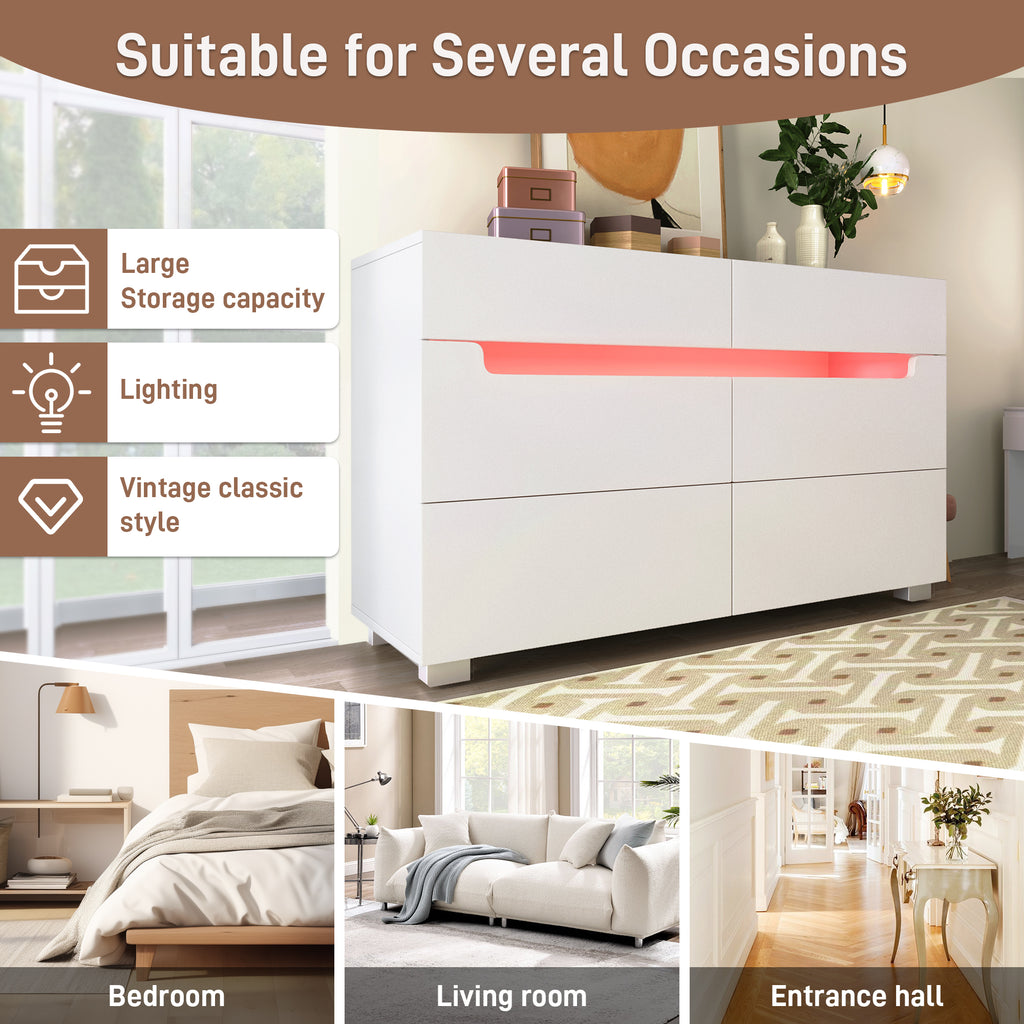 Sideboard Cabinet Dresser with 6 Drawers,Storage with RGB LED(App Control), Sideboard with Cut-out Handles, 6-drawers Chest of Drawers, 71 x 120 x 40 cm, White