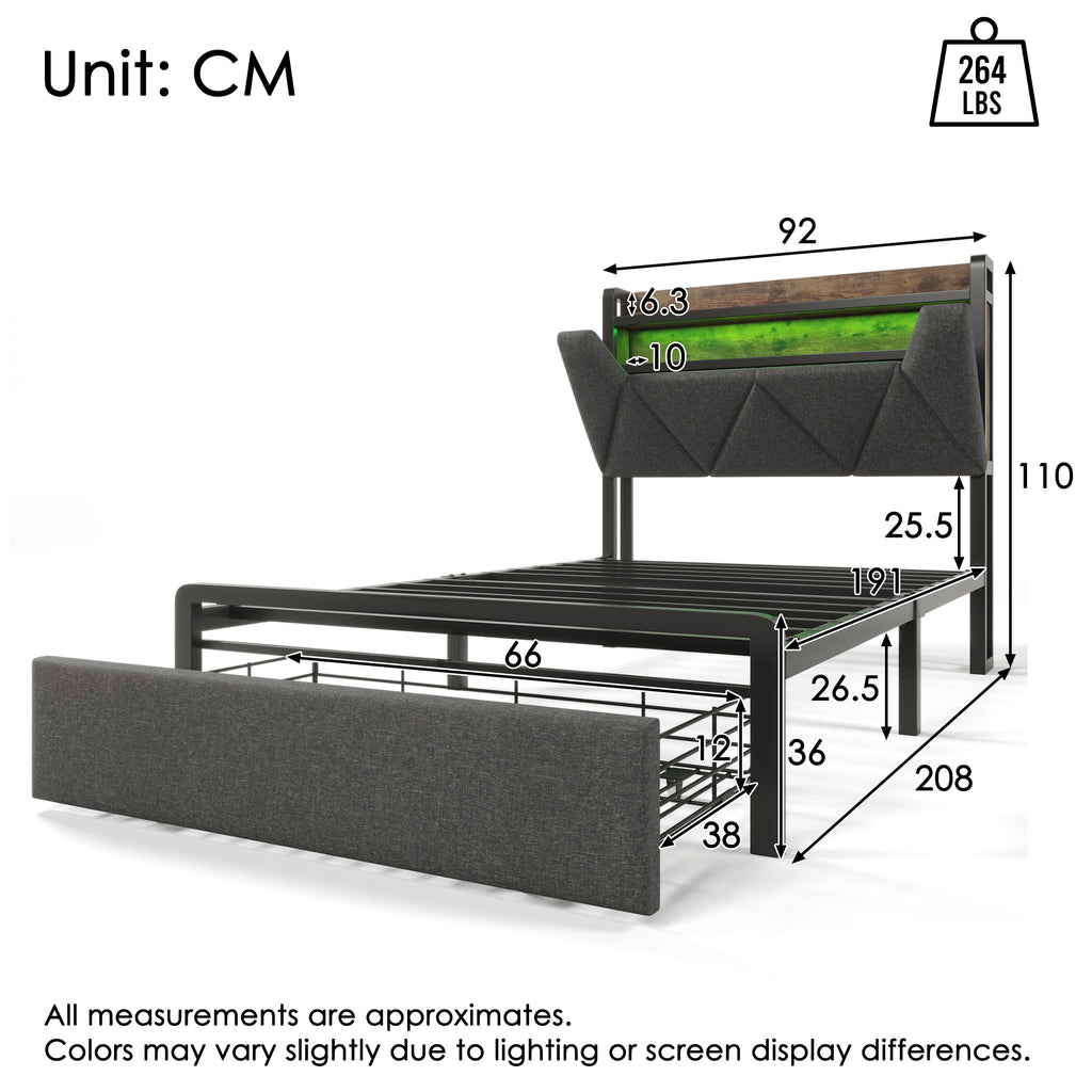 Upholstered Single Bed with LED Lighting, USB Type-C Charging Function, Storage Headboard and Drawers,  3ft Single Bed 90 x 190 cm, Storage Bed Frame with Metal Slatted Frame,Linen, Grey(No Mattress)
