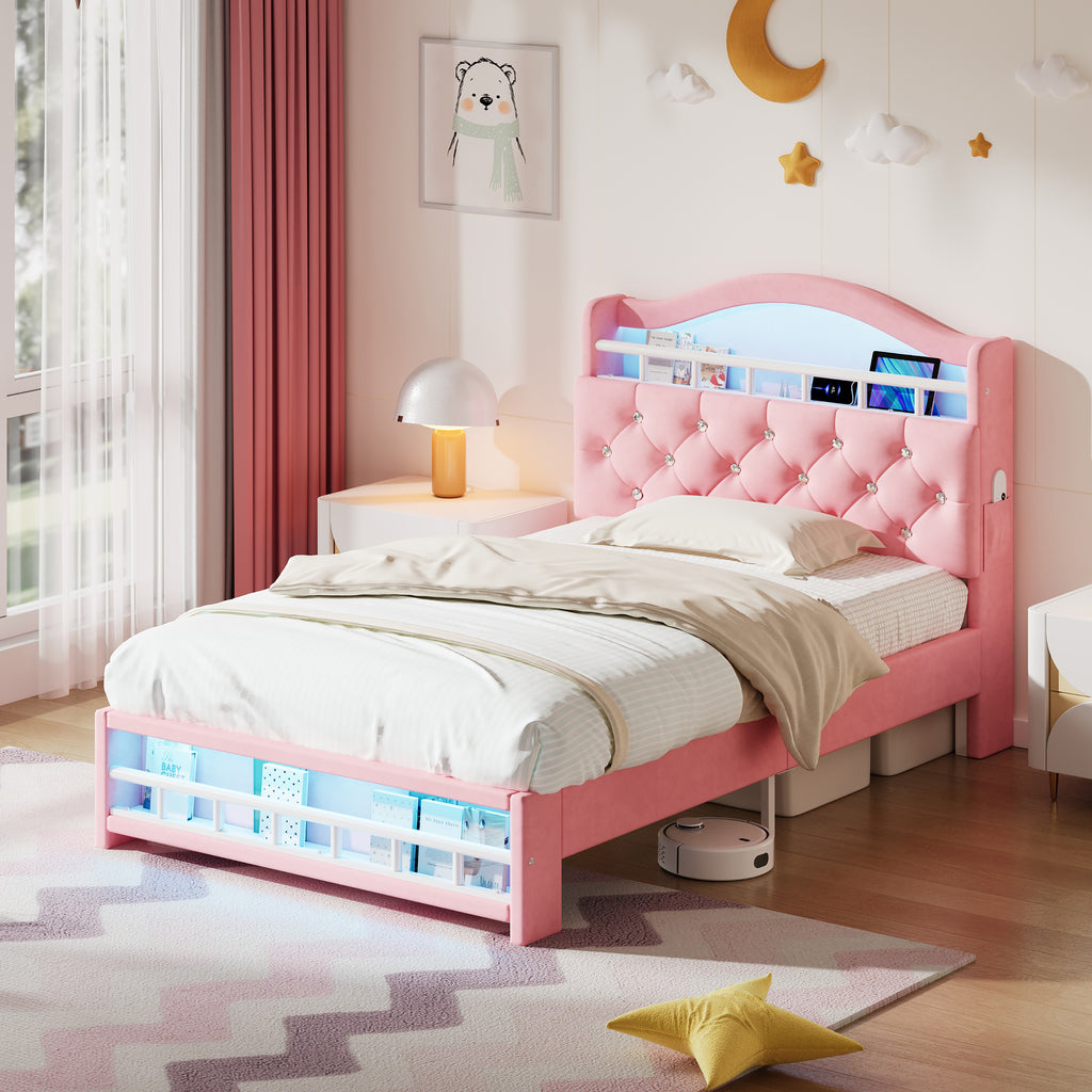 3ft Single Upholstered Velvet Bed Frame, LED Bed Frame with Charging Station & Diamond Tufted Headboard, Concealed Headboard Storage with USB and Type - C Ports, Easy Assembly, Pink (No Mattress)