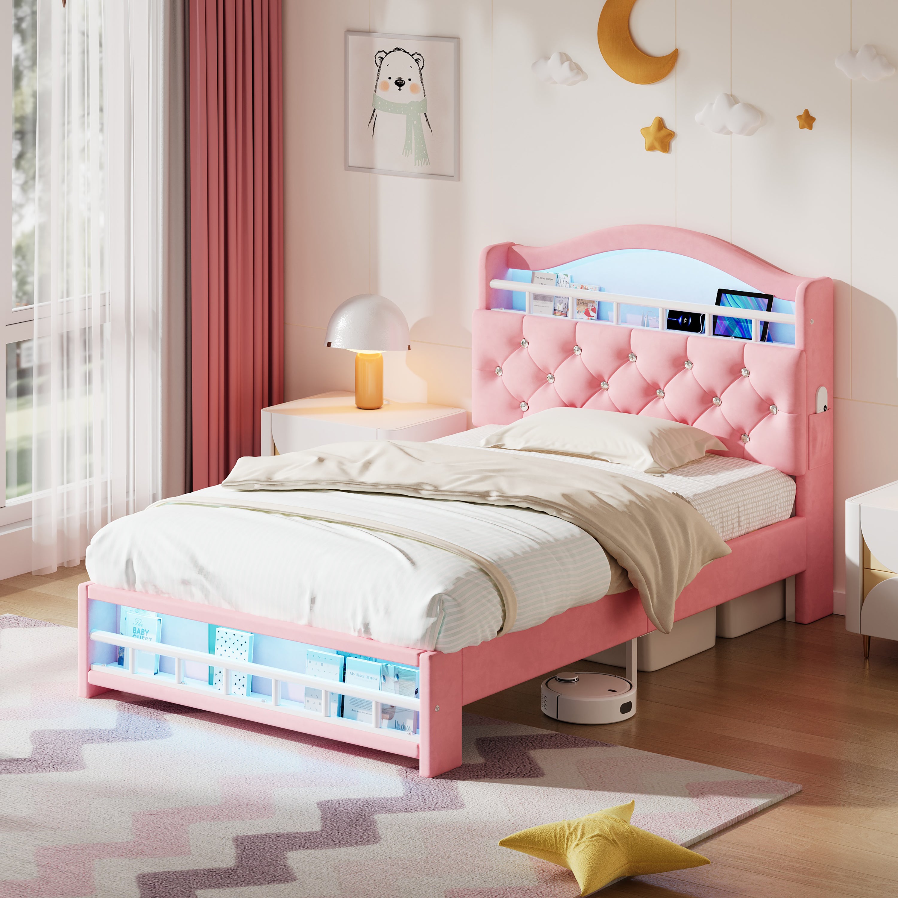 3ft Single Upholstered Velvet Bed Frame, LED Bed Frame with Charging Station & Diamond Tufted Headboard, Concealed Headboard Storage with USB and Type - C Ports, Easy Assembly, Pink (No Mattress)