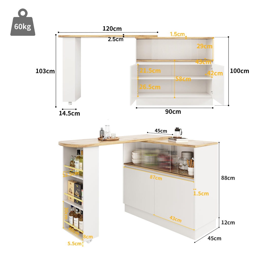 360° swivelling high table (main body 90 x 45 x 100 cm), white multifunctional swivelling sideboard with storage compartment, sliding glass door, suitable for kitchen/dining room