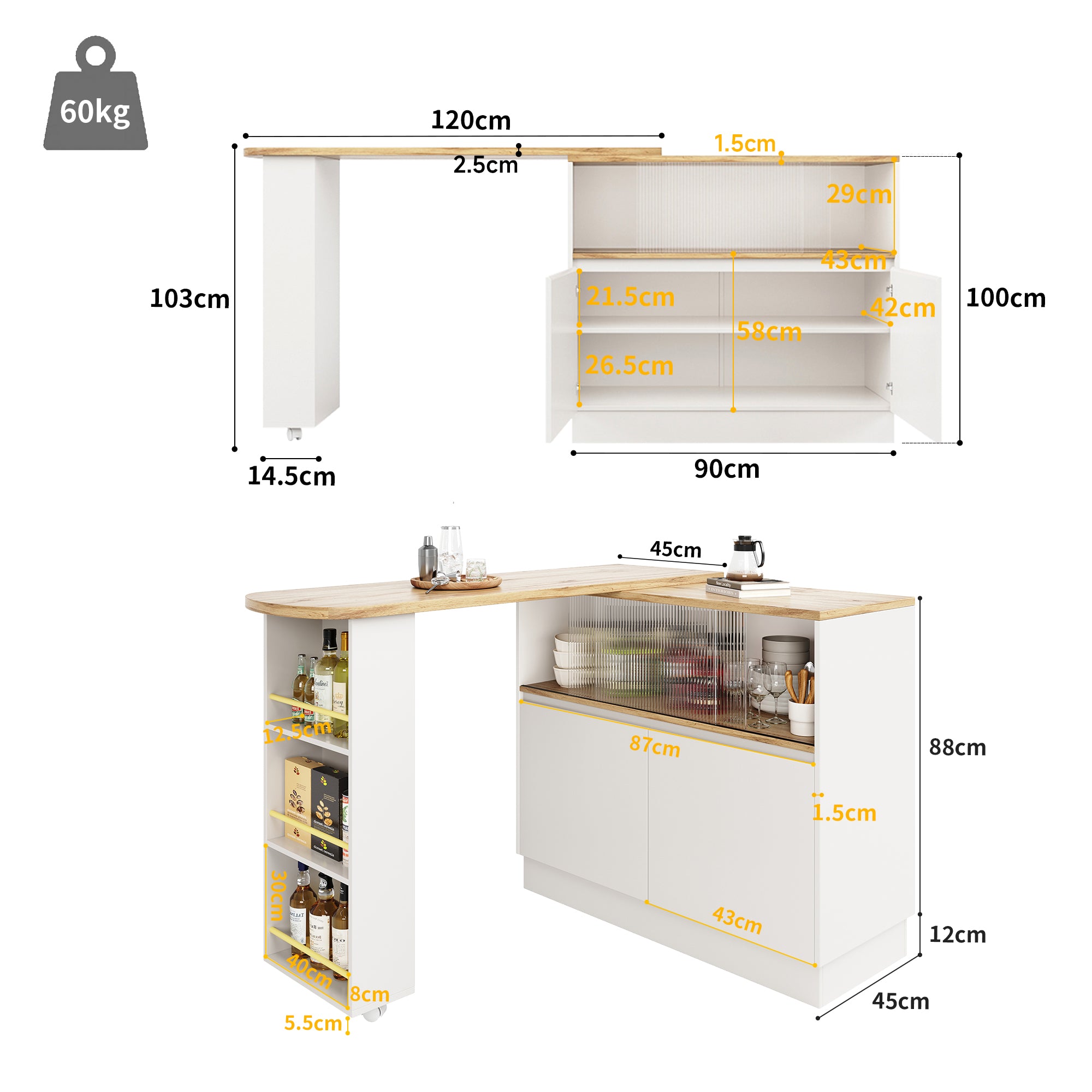 360° swivelling high table (main body 90 x 45 x 100 cm), white multifunctional swivelling sideboard with storage compartment, sliding glass door, suitable for kitchen/dining room