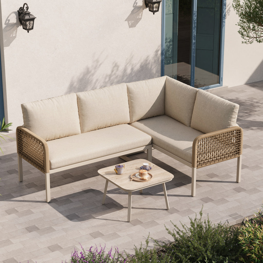Garden Set with Wood-look Tempered Glass Table, Convertible 4 Seater Polyester Rope Conversation Set with Sofa and Armchairs, Weatherproof Outdoor Patio Corner Sofa for Balcony and Terrace,Beige