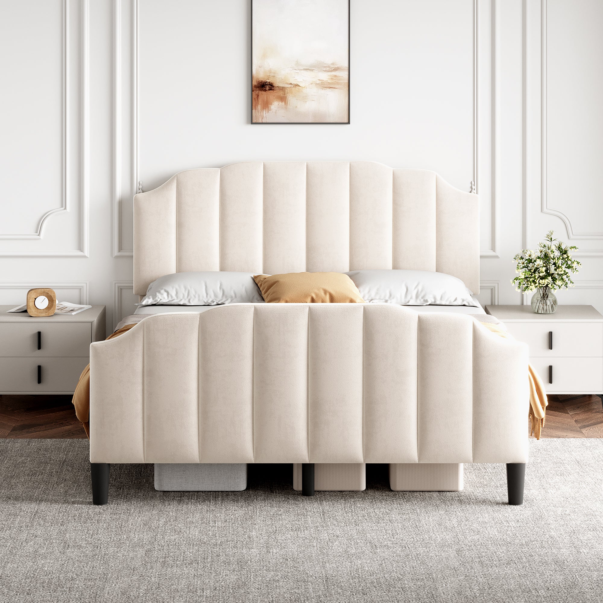 4ft6 Double Upholstered Bed Frame with Adjustable Chic Channel-Tufted Headboard, Velvet Platform Bed Frame with Solid Wood Slat and Mute Foam, No Box Spring Needed, Easy Assembly, Beige (No Mattress)